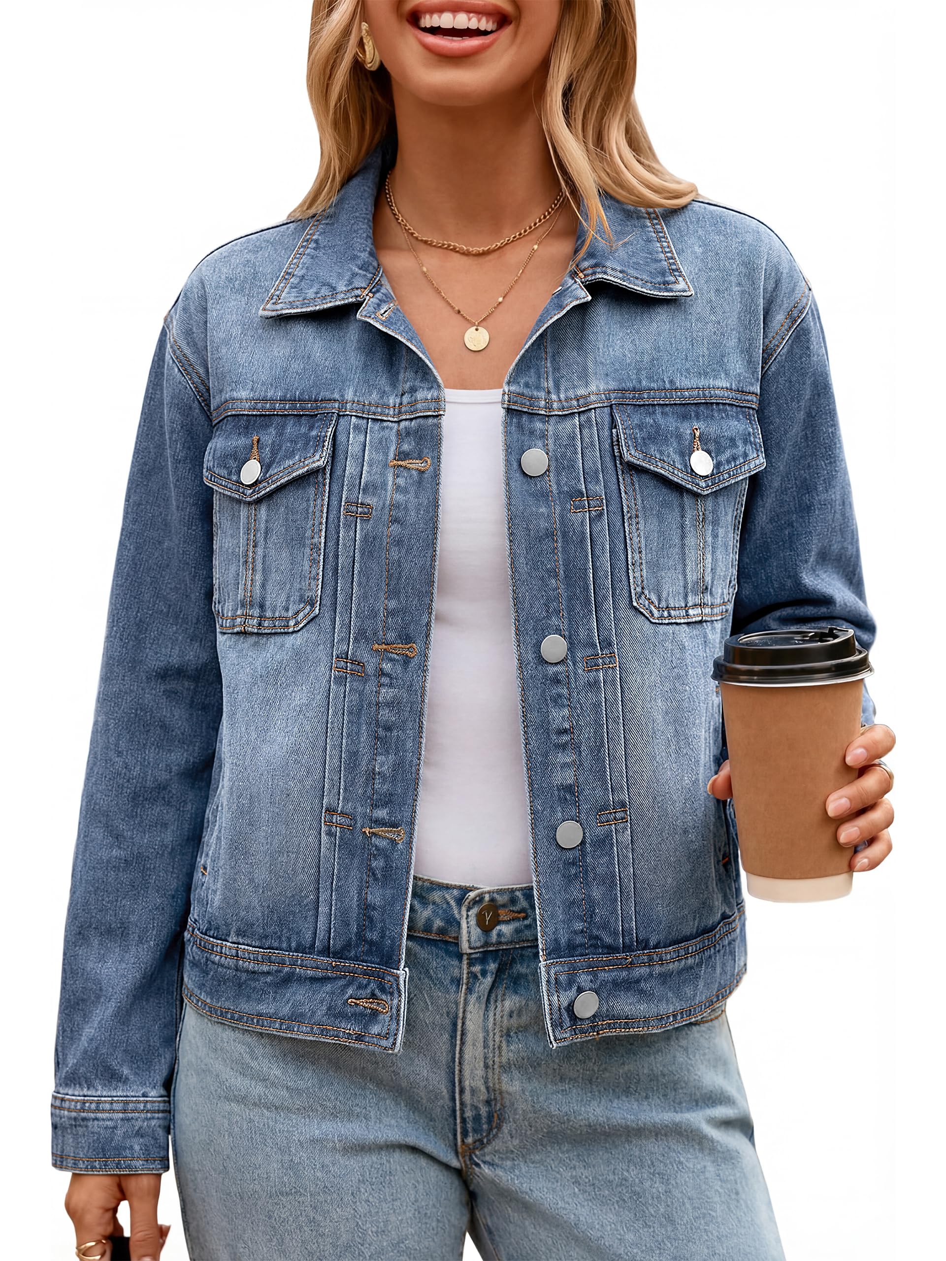 Glamaker Womens Jean Jacket 2026 Casual Basic Trendy Button Down Long Sleeve denim Jacket Coat With Pockets
