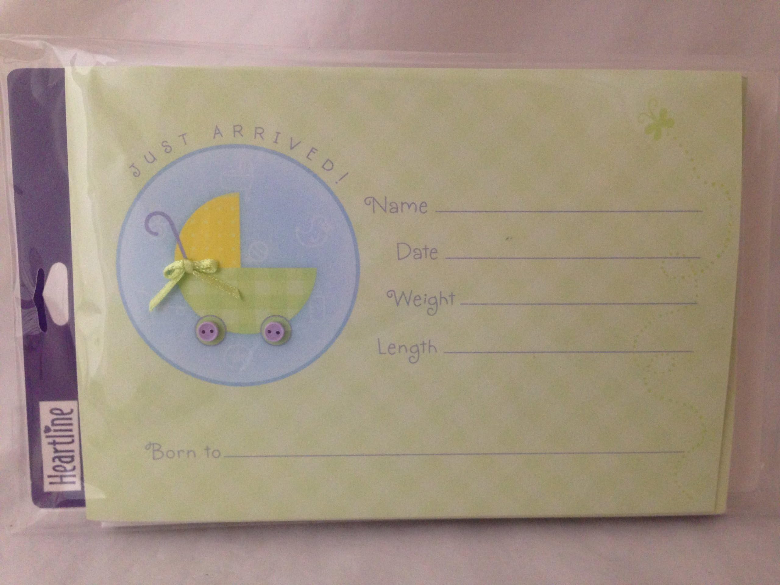 Hallmark Heartline Birth Baby Just Arrived Green/Yellow/Blue Annoucement Cards with Envelopes, Set of 10