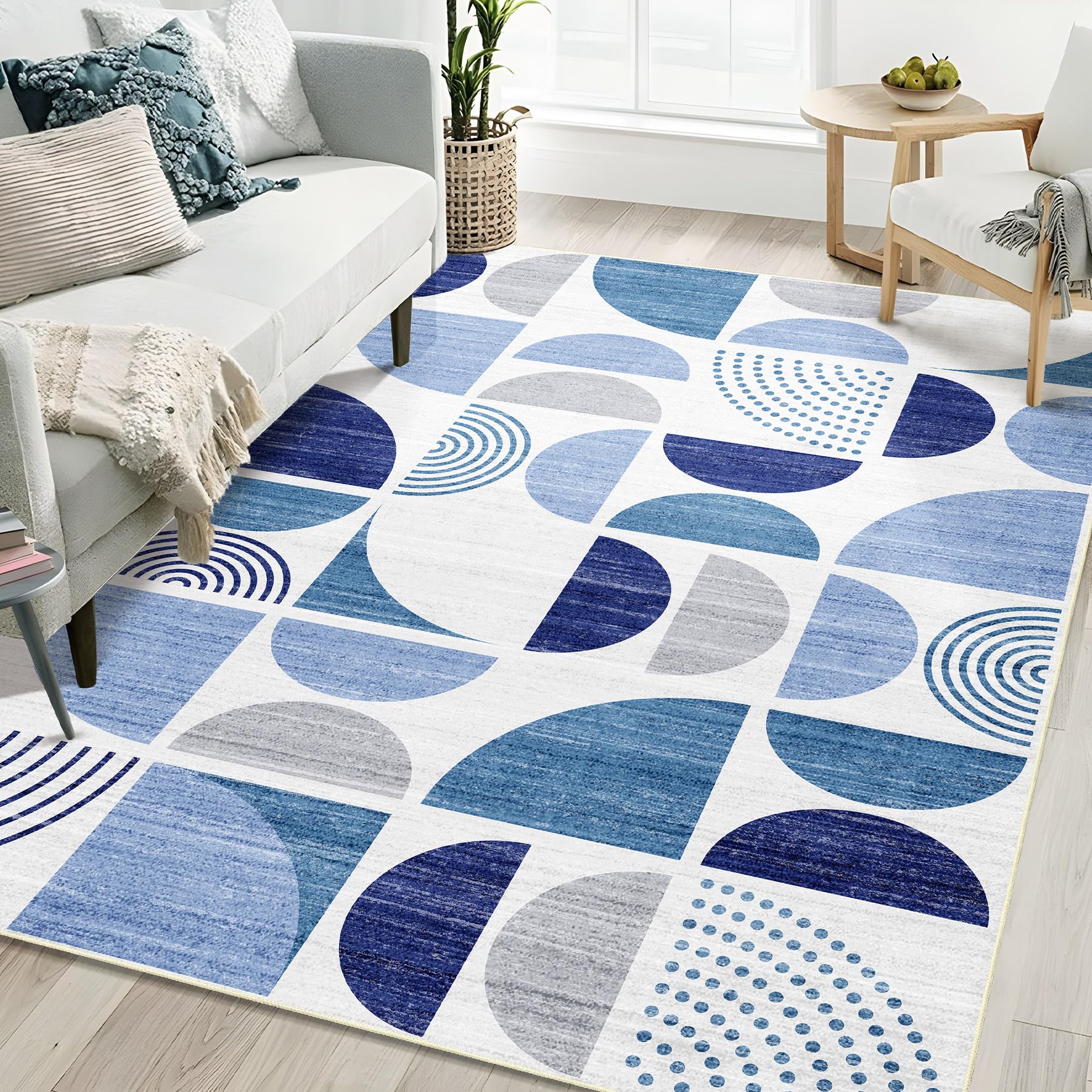 MUJOO 5x7 Area Rugs Washable,Blue Boho Rugs for Living Room Bedroom Playroom,Large Throw Floor Carpet Non Slip Soft Modern Abstract Navy Blue