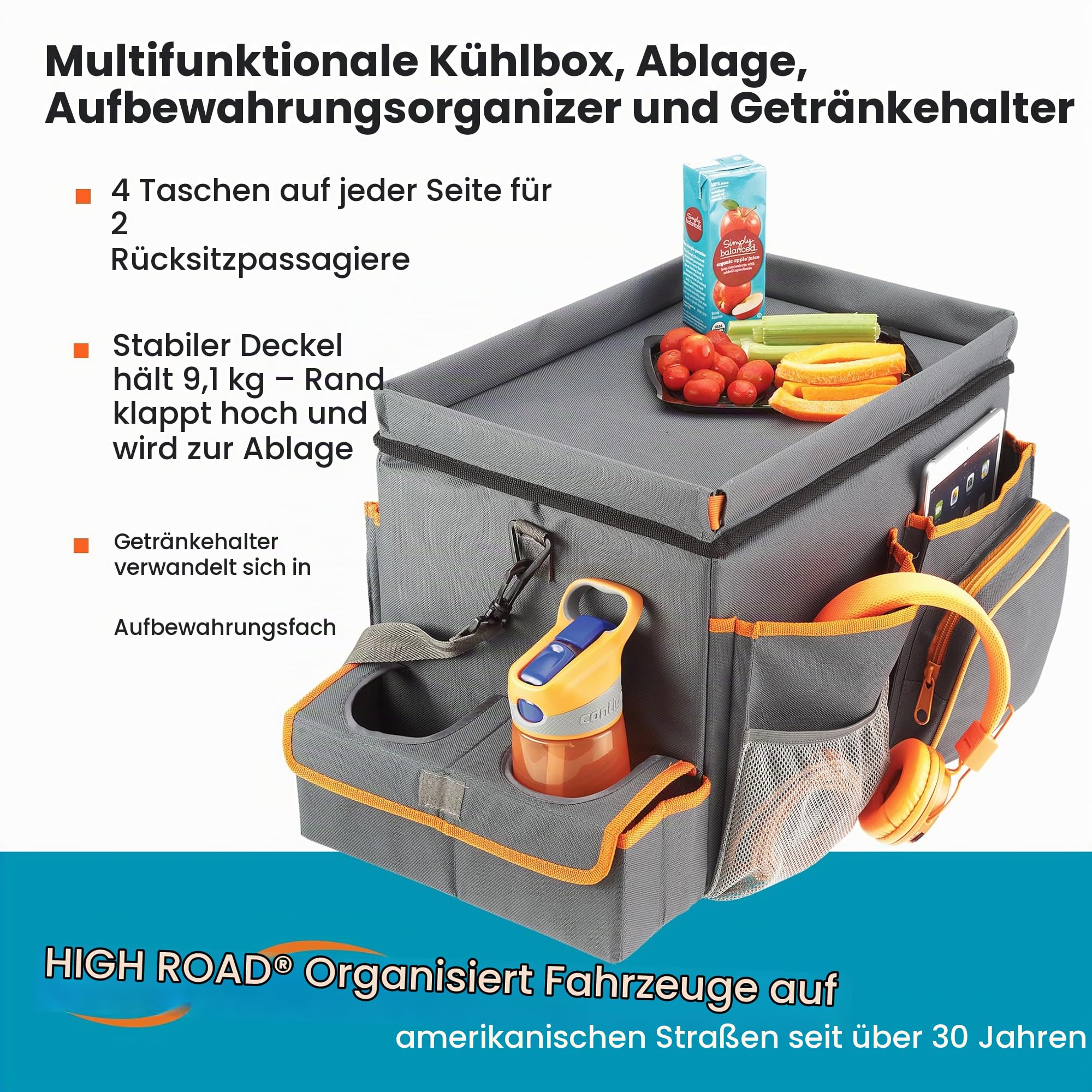High Road CarHop Autositz-Organizer – Rücksitz-Organizer für Kinder oder Vordersitz-Organizer für Fahrer mit Getränkehaltern, Tablett, Seitentaschen und weichem Kühl- oder Ablagefach
