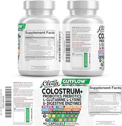Miniatura 8 de Clean Nutraceuticals Cápsulas de suplemento de calostro pastillas probióticos prebióticos, L-glutamina, enzimas digestivas, folato, fibra, ACV,