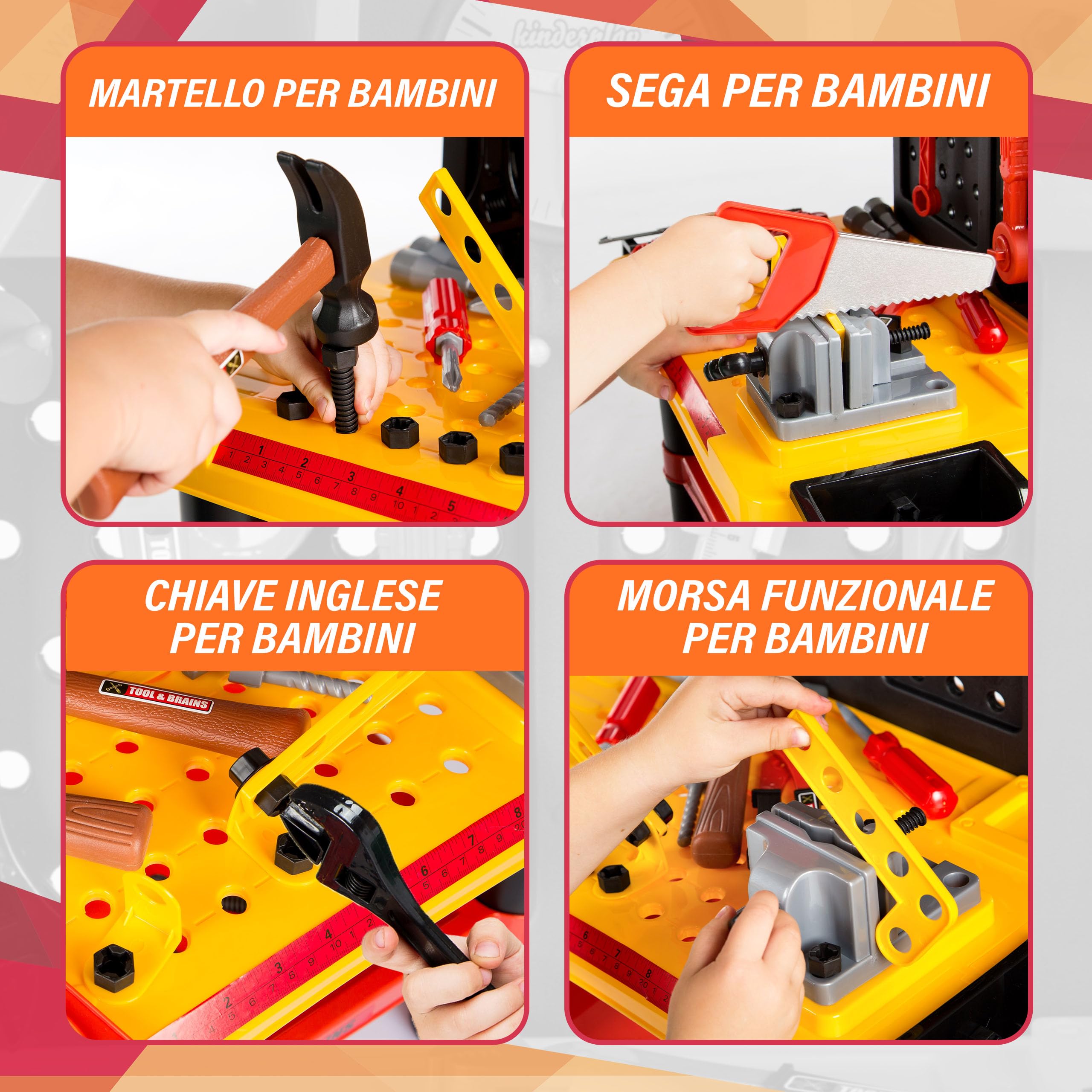 Kinderplay Banco da Lavoro Bambini – Officina Giocattolo con Trapano Elettrico e 50 Accessori – 3+ Anni – Casco Incluso – 58x33x68 cm
