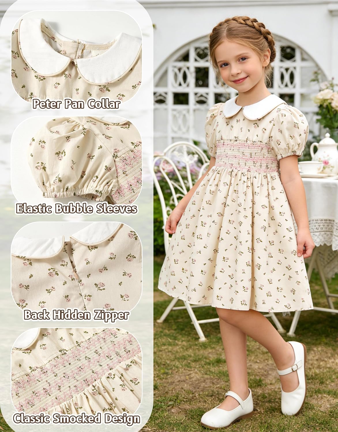 Miipat Toddler Girls Smocked Floral Dress Puff Sleeve Cotton Vintage Kids Peter Pan Collar Summer Dress