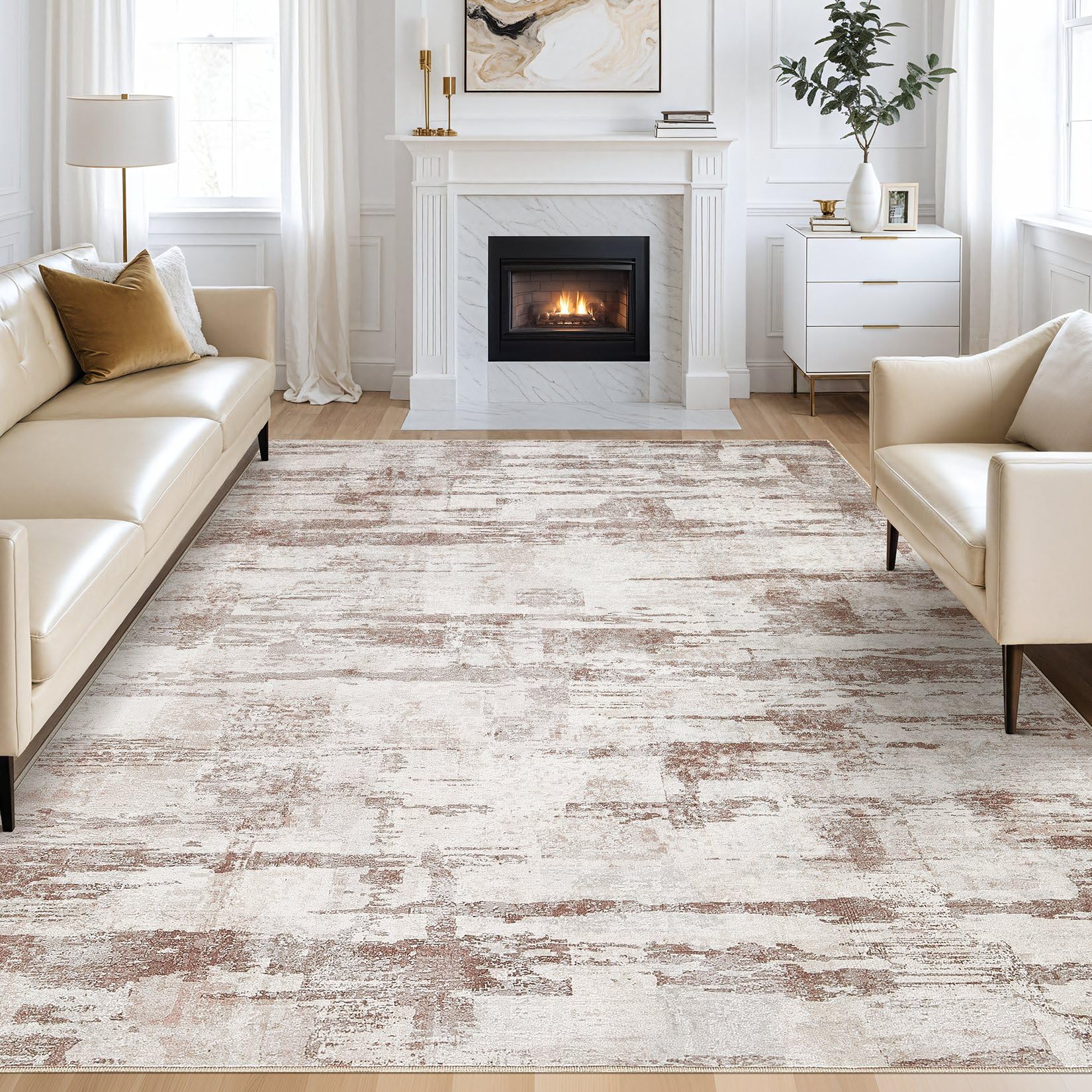 Abstract Living Room Rug 10x14 - Modern Washable Soft Thin Area Rug for Living Room Bedroom Under Dining Table - Neutral Indoor Floor Rug Carpets for