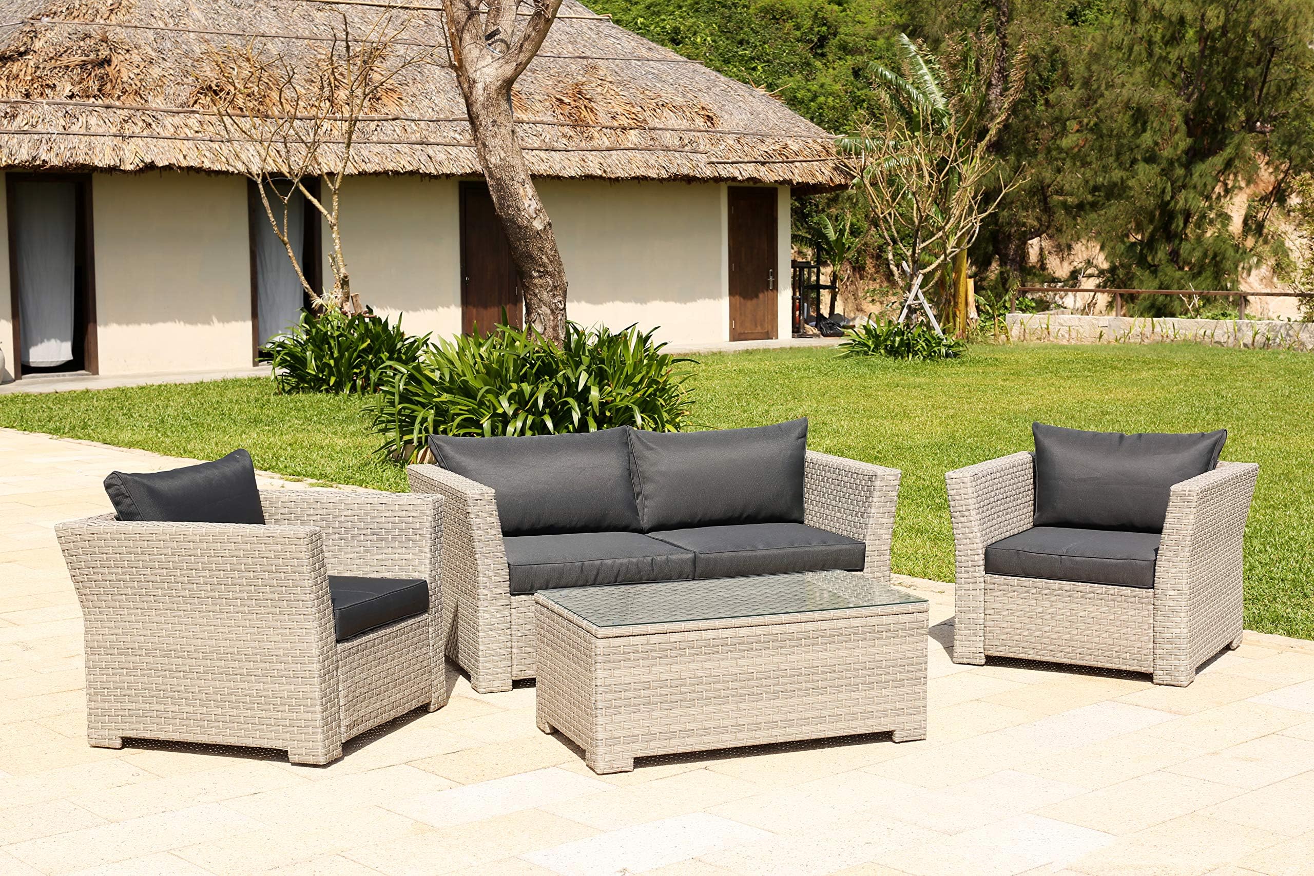 Chesterton 4 Seat Rattan Wicker Garden Lounge Set with Cushions and Weatherproof Furniture Cover