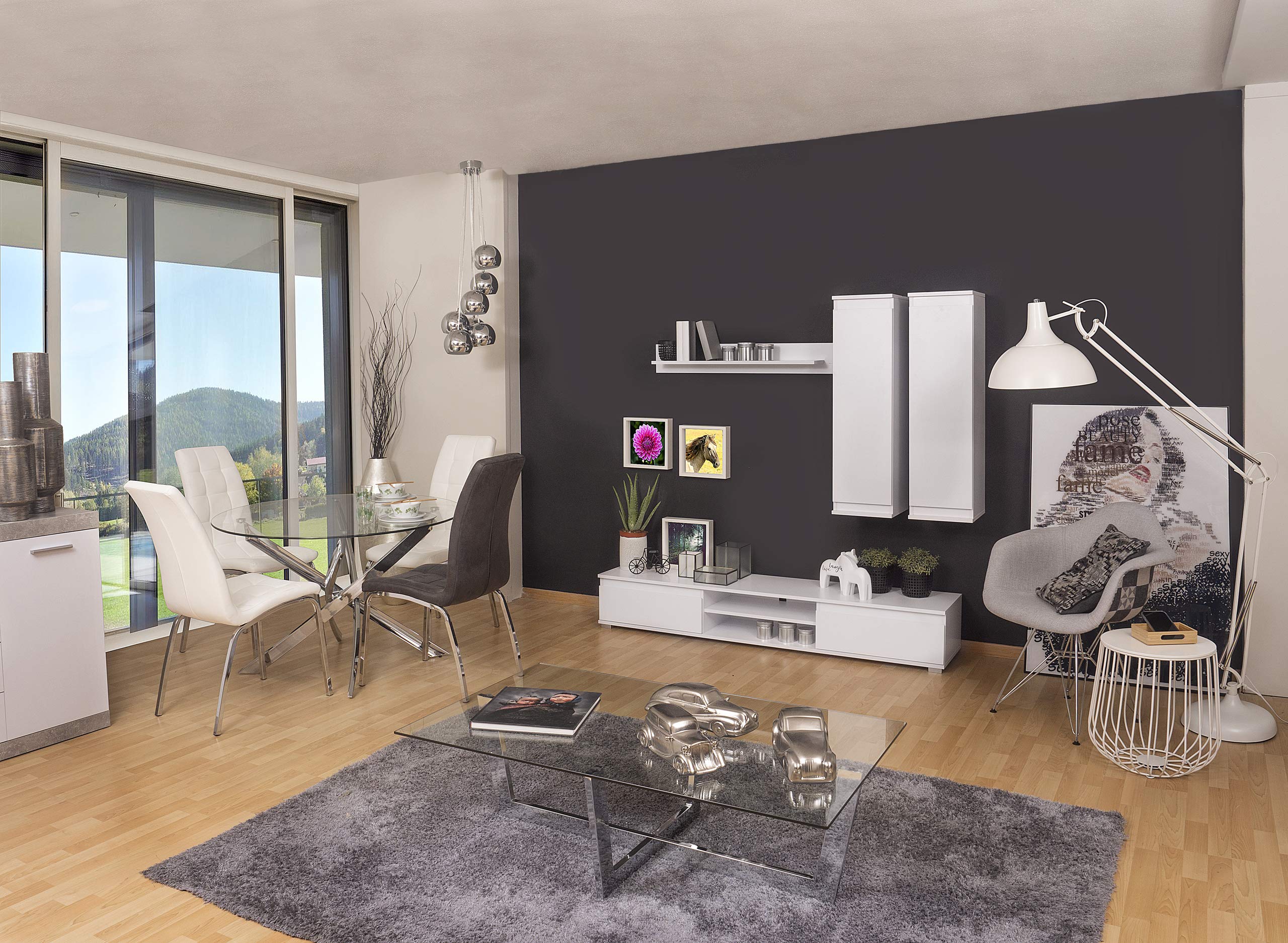 Homely - Mueble de salón modular LUCKY, conjunto de 4 muebles, mueble para televisión, 2 muebles altos y estantería alta, color blanco, medidas conjunto 175x180x37 cm