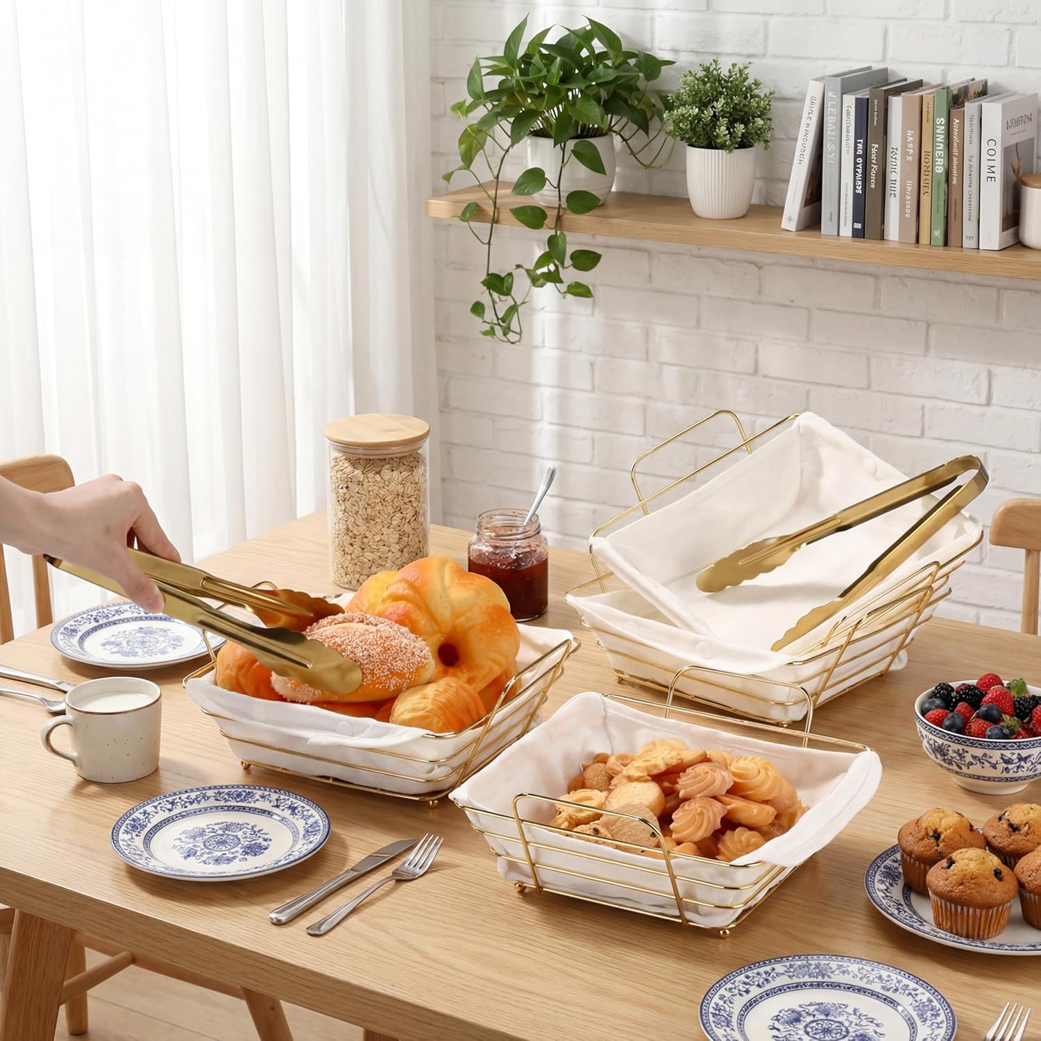 4 Pack Wire Bread Basket Set Metal Square Serving & Storage Container with Removable Liner and Tongs Must-have for Serving Dinner Feast(Gold,26.5 * 23 * 10 cm,Fresh)
