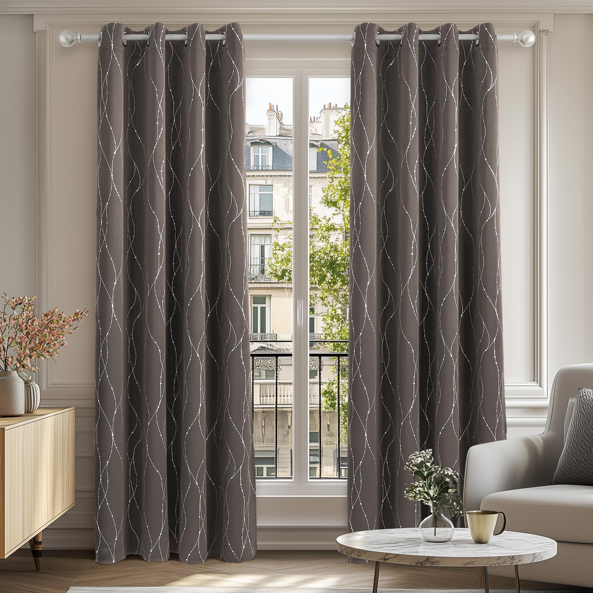 Deconovo Decorative Silver Dotted Line Foil Printed Blackout Curtains Thermal Insulated Curtains Eyelet Curtains for Baby Nursery 52 x 54 Inch Light Grey 2 Panels — view 75
