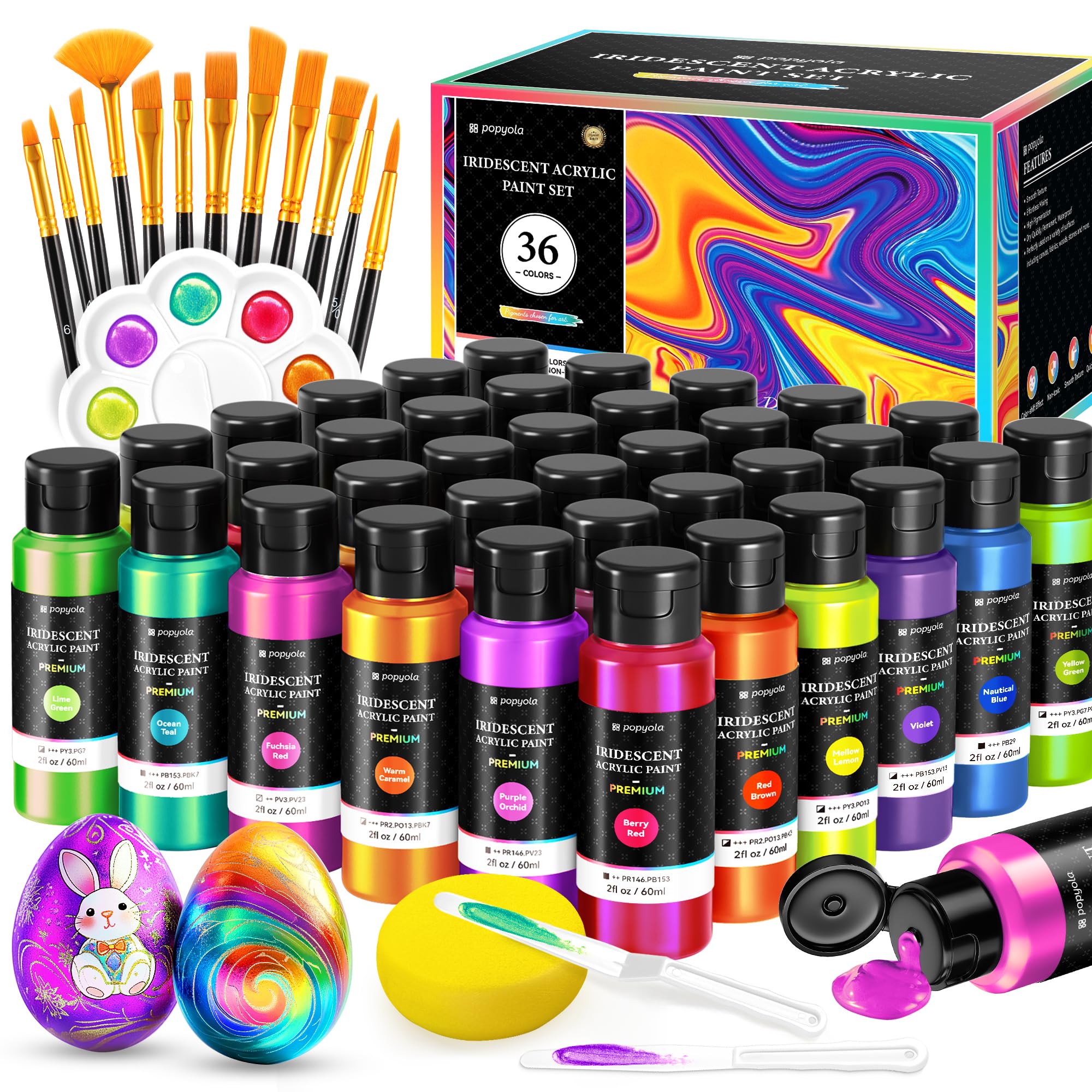 52 PCS Iridescent Acrylic Paint Set with 12 Brushes, 2 Knives, Palette & Sponge, 36 Colors (2oz/60ml) Art Craft Paint for Artists Beginners Kids on Canvas Rocks Wood Ceramic Fabric