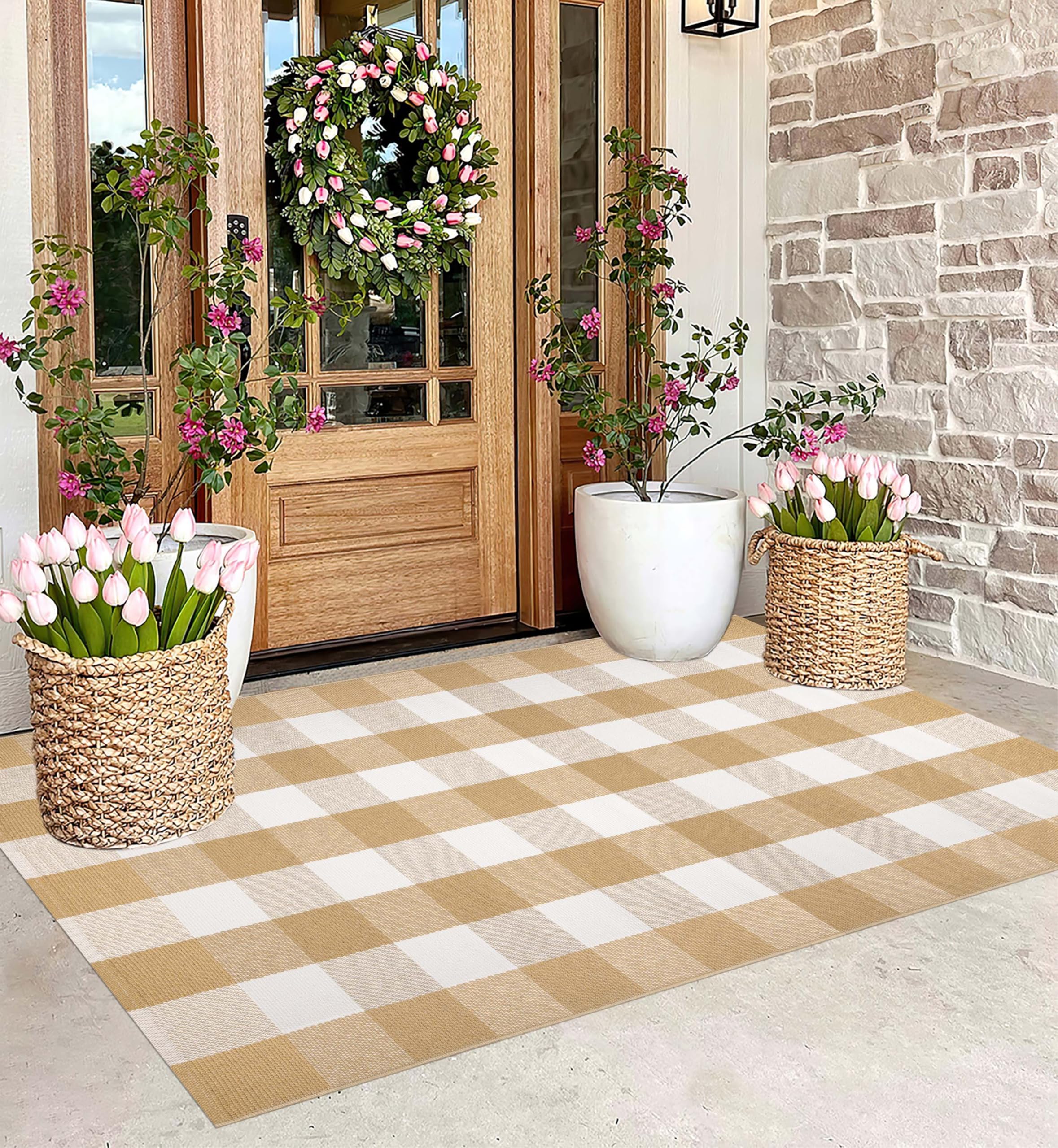 3' x 5' Outdoor Rug, Checkered Washable Rug Khaki and White Front Porch Rug Washable Front Door Mat Outdoor for Hello Welcome Mat, Bedroom, Entryway,