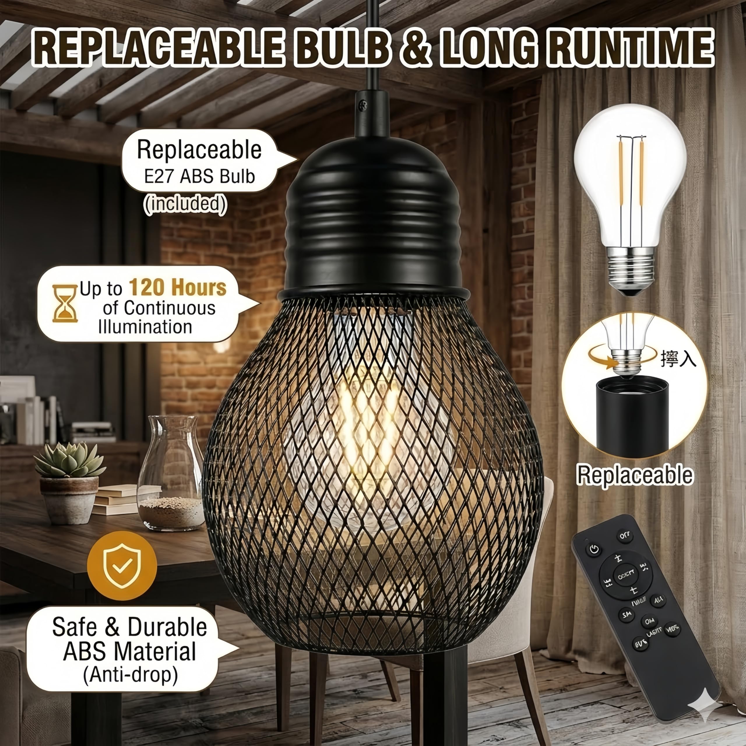Lampada a sospensione a batteria con telecomando impermeabile, 4 batterie AA, per gazebo, pergolato, portico, patio, interno/esterno, nero