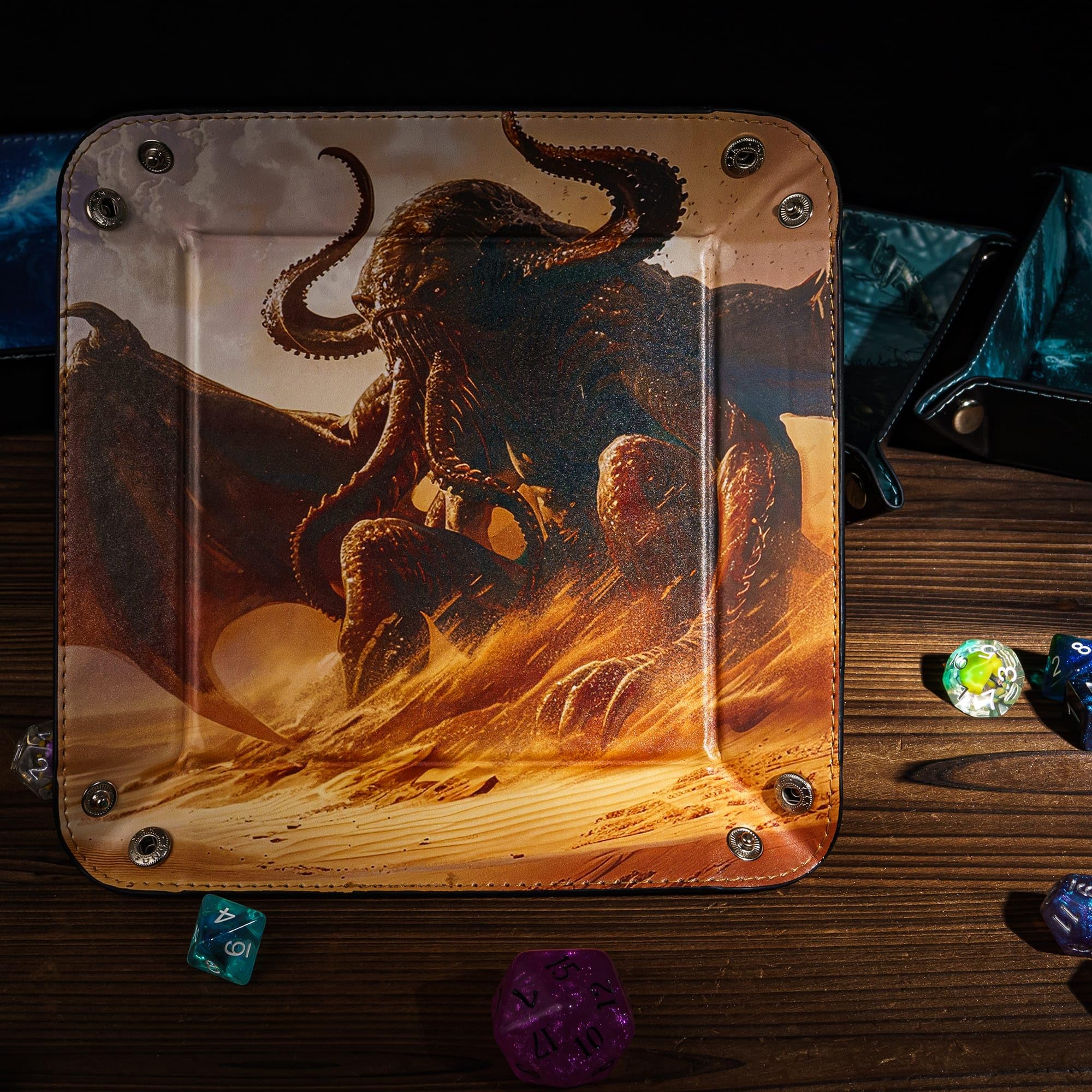 Cusdie PU Leather Dice Tray Square Tray for Dice Rolling and Storing Small Items - Cthulhu Design, Brown Cthulhu - Image 3
