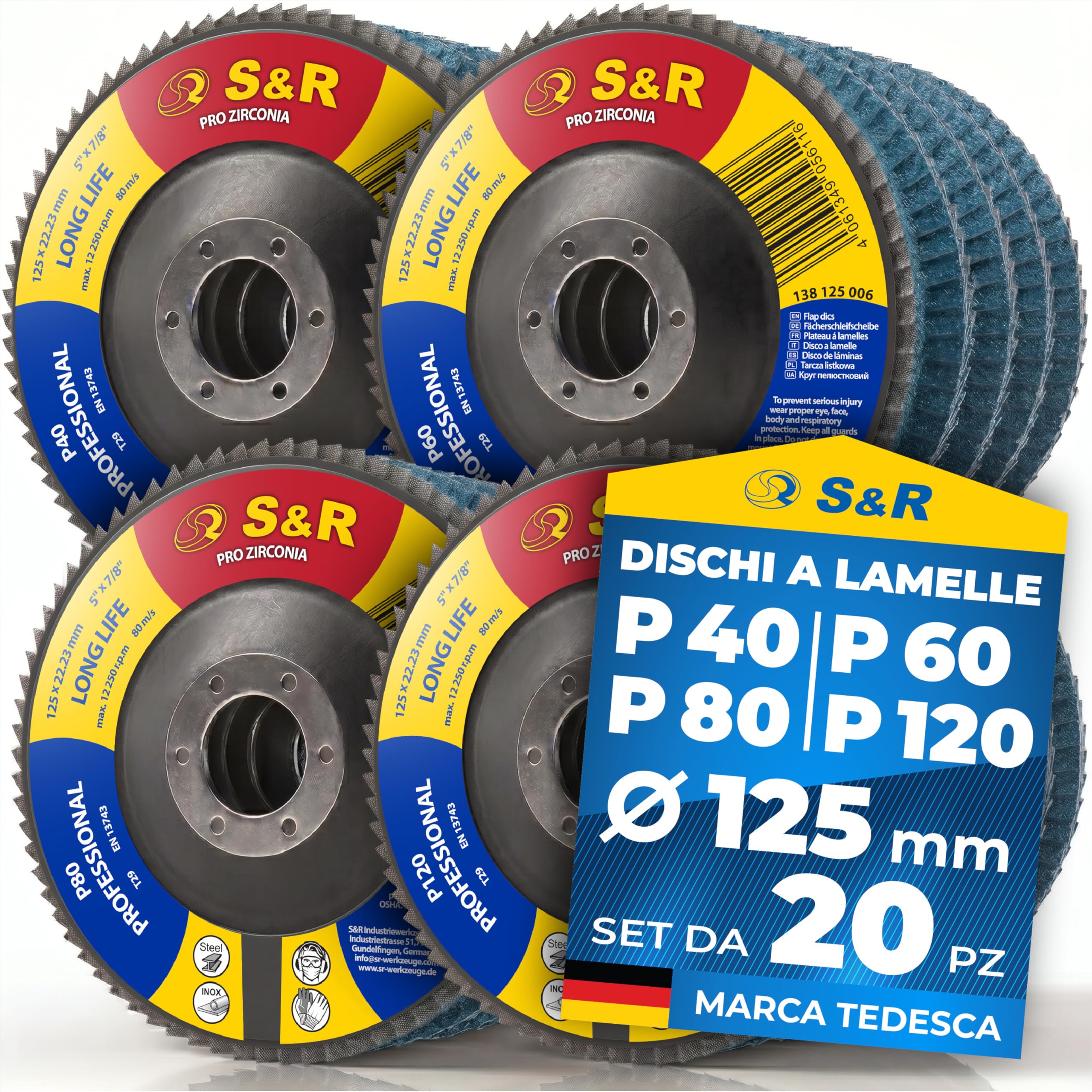 S&R 20 Dischi Lamellari 125mm Set Grana 40-60-80-120 | Corindone di zirconio per metalli duri · Rinforzo in fibra di vetro · Per sbavatura e rimozione ruggine