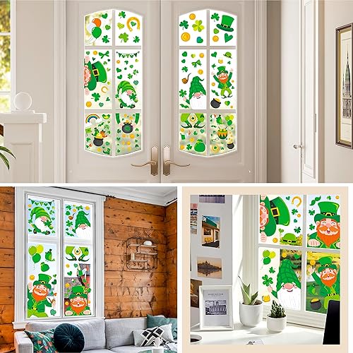 Miniatura 5 de 380 adhesivos para ventana del día de San Patricio impresión de doble cara trébol trébol irlandés duende gnomo verde decoración sin residuos Santa