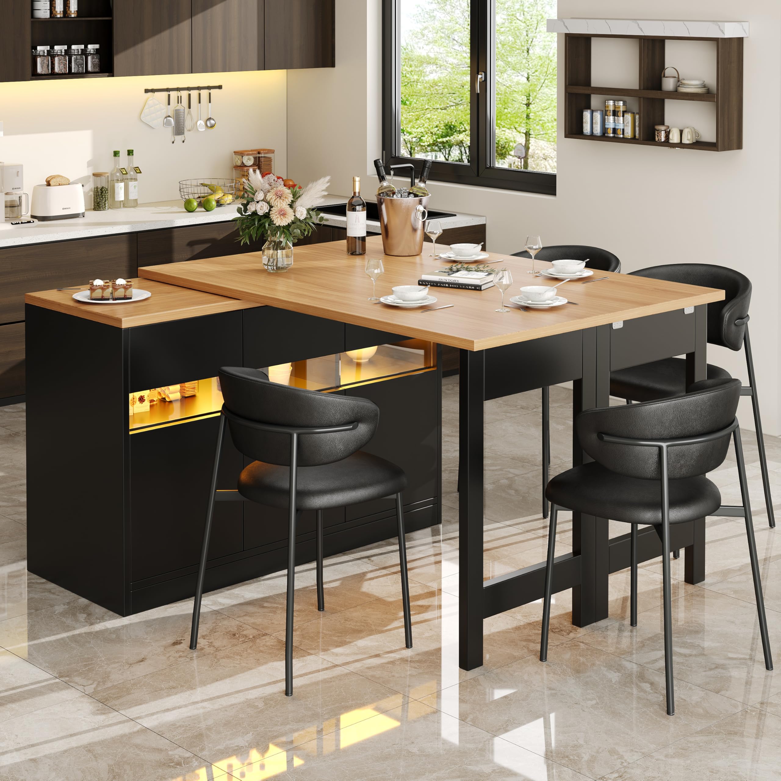 SACOOL Tavolo bar allungabile con illuminazione a LED e rotazione a 360°, lunghezza regolabile 120-180 cm, moderno tavolo isola cucina con spazio di archiviazione, per soggiorno, sala da pranzo, home