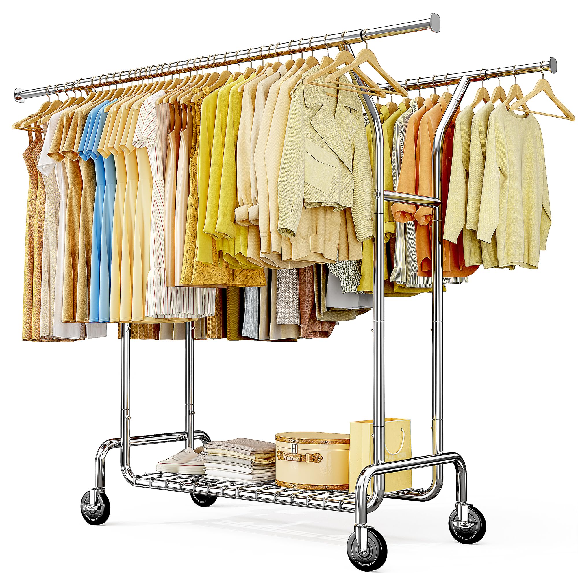 Raybee Heavy Duty Clothes Rack 630 LBS Double Rods Sturdy Shelves & Wheels