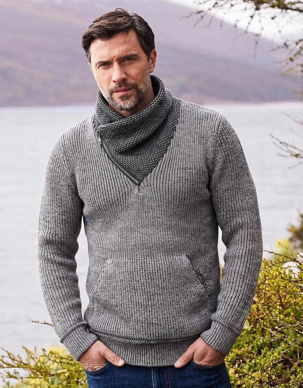 COOFANDY Men's Knitted Turtleneck Pullover Shawl Collar Sweaters Slim Fit High Neck Hoodies with Pockets