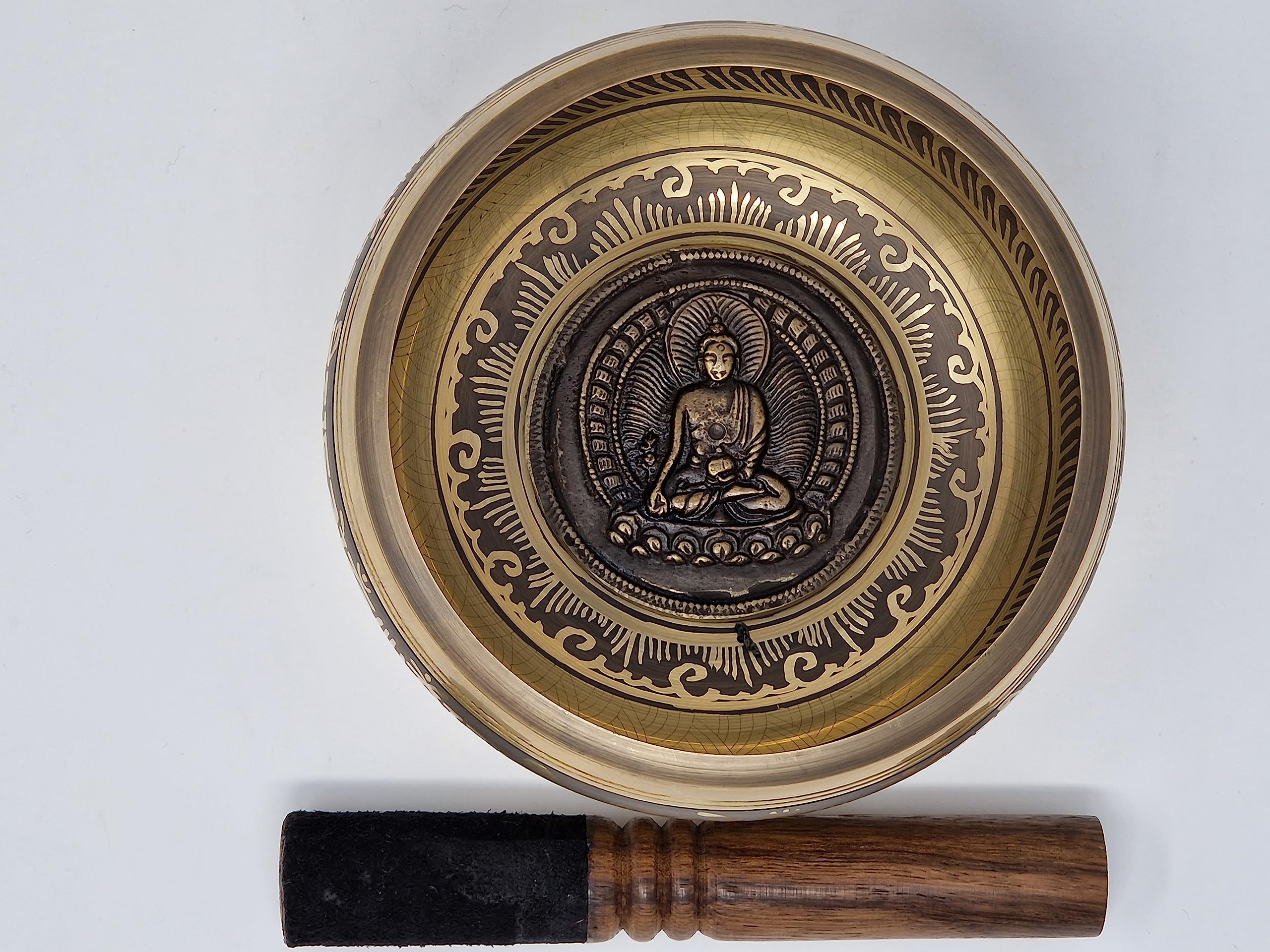 Campana tibetana fatta a mano con splendido Buddha intagliato in rilievo, campana tibetana per meditazione, suono, pace e amore, circa 15 cm di diametro