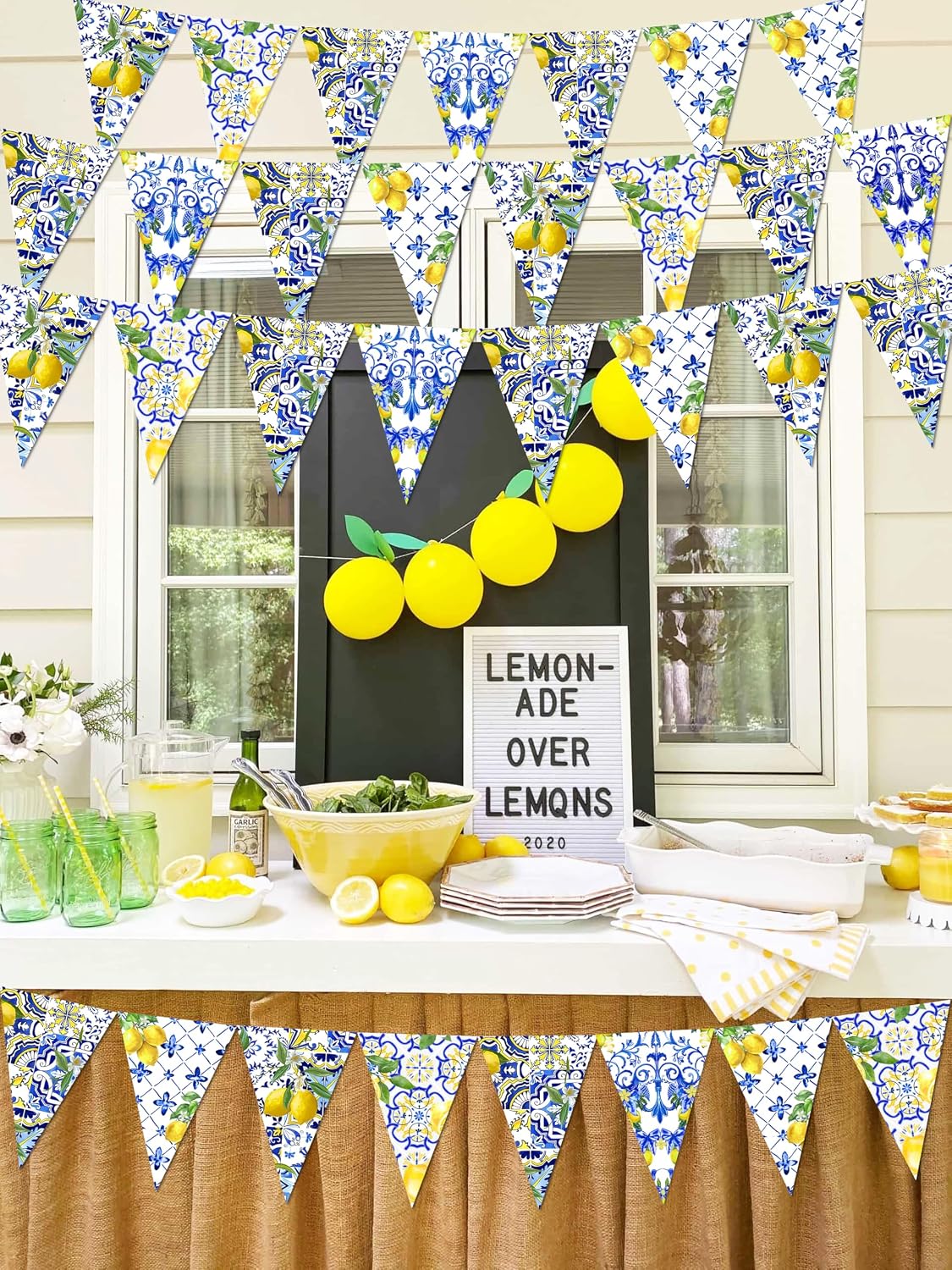 6PCS Amalfi Coast Party Decorations: Capri Lemon Garland Mediterranean Decor, Italian Themed Blue Tiles and Yellow Banner for Bridal Shower, Summer Birthday