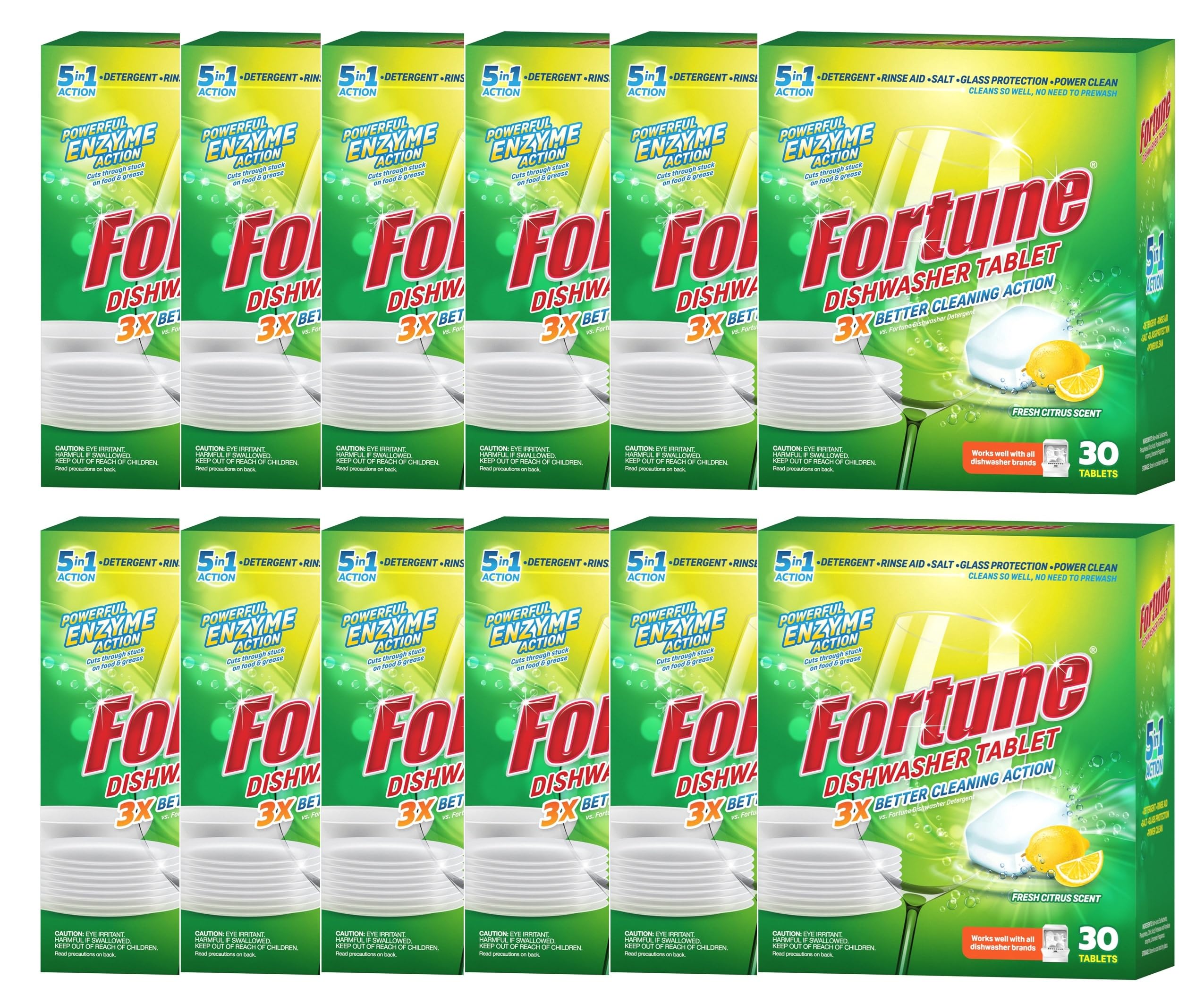 Fortune 5-in-1 Dishwasher Tablets | 360 Tablet| 30 Tablets(Pack of 12) | Enzyme Powered Cleaning for Indian Cooking | Removes Oil, Masala, Tea & Coffee Stains| With Rinse Aid, Salt & Glass Protection