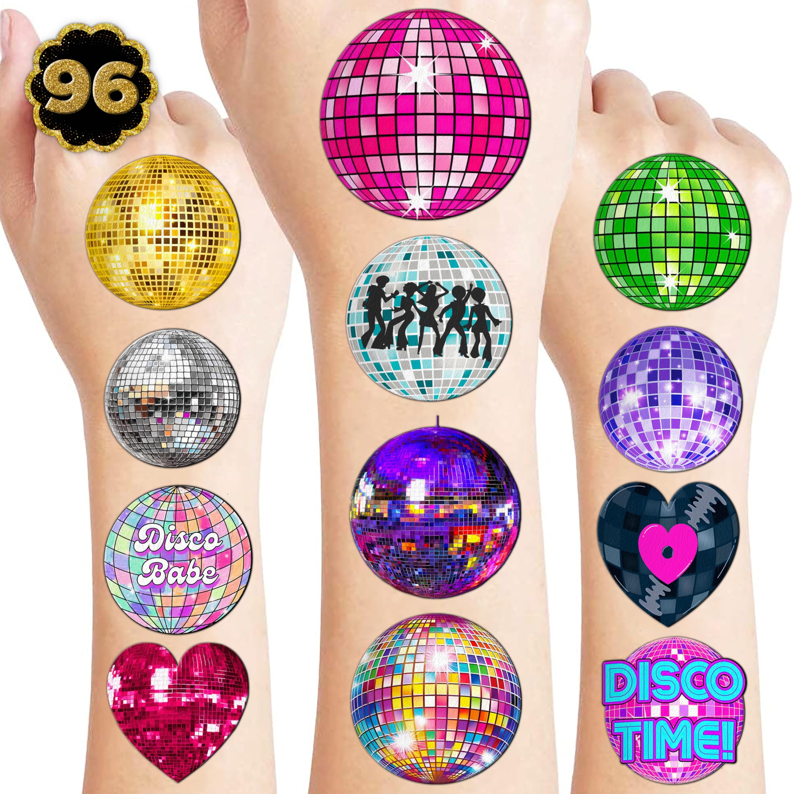 96PCS Disco Ball Temporary Tattoos Themed Birthday Party Decorations Supplies Favors Decor Cute 70s 1970s Dance Dancing Tattoo Stickers Gifts For Kids Girls Boys Prizes Carnival