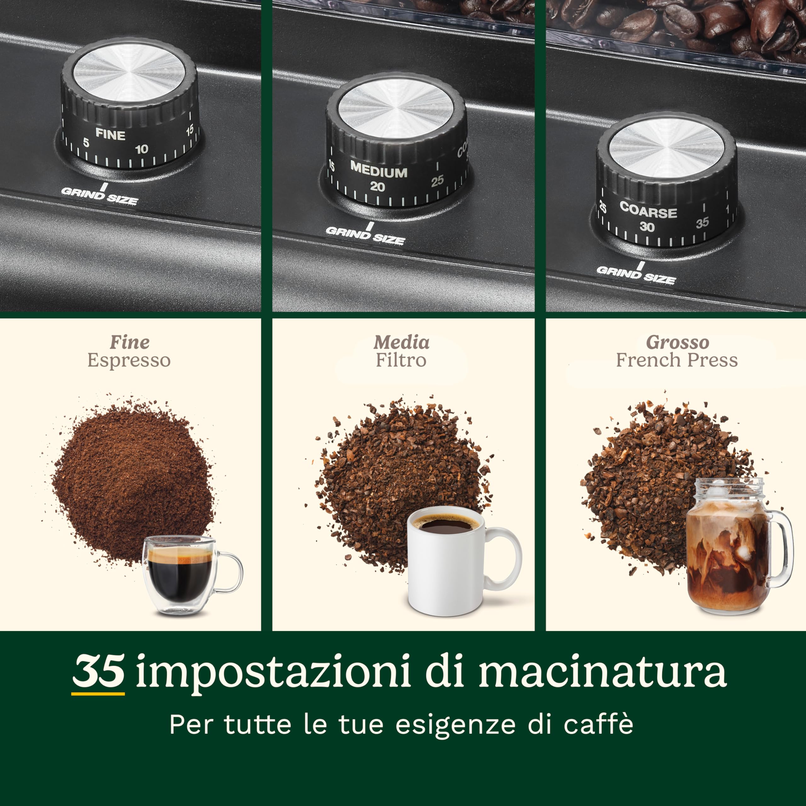 Cuisinart Macinacaffè elettrico ed espresso a macine coniche | 35 impostazioni | Contenitore 225 g | Compatibile portafiltro | Selettore 1–14 tazze | Include misurino e spazzola
