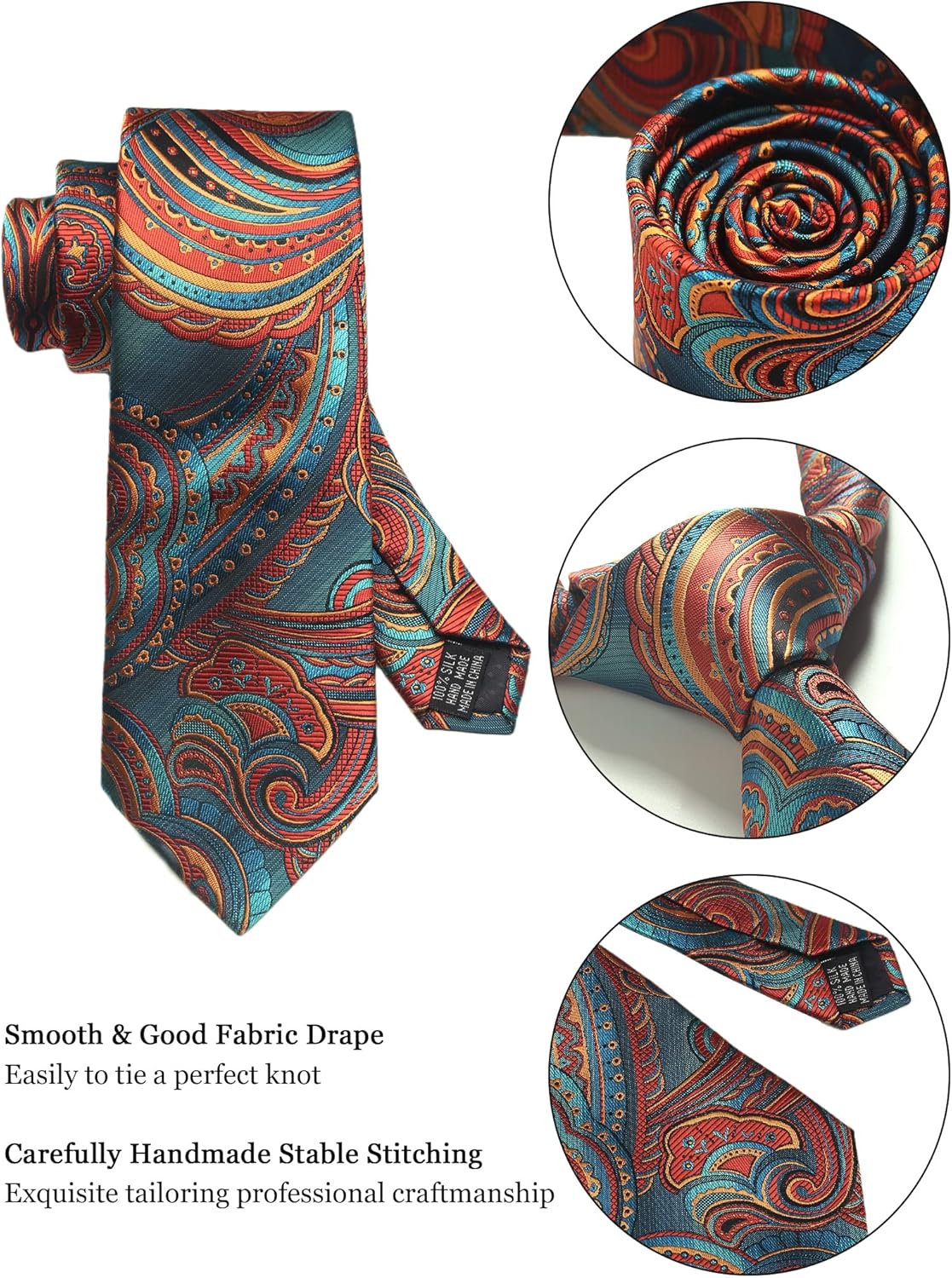 Paisley Floral Mens Tie Formal Necktie Pocket Squares Ties Clips Cufflinks Classic for Men Set - Image 4