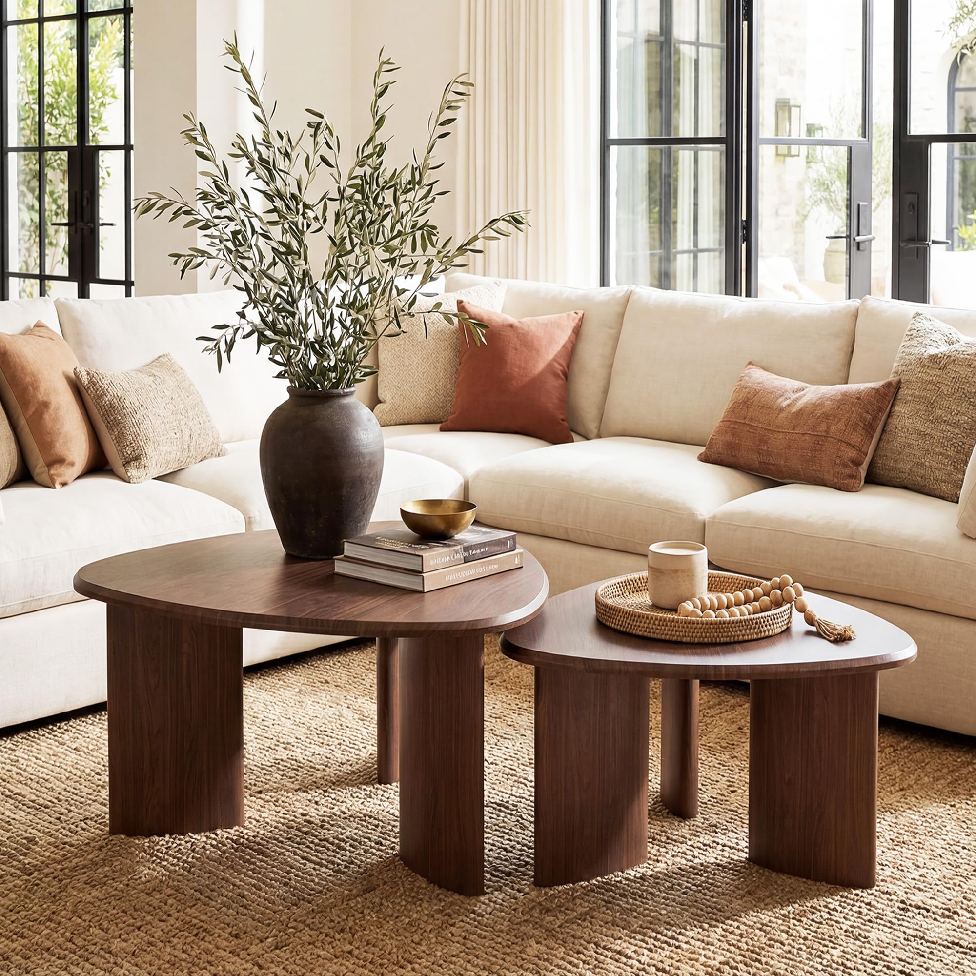 Photo 1 of Nesting Coffee Table Set of 2, Modern Walnut Wood Veneer Coffee Table and Side Table Set for Living Room, Small End Table Set with Flexible Use and Space-Saving Design