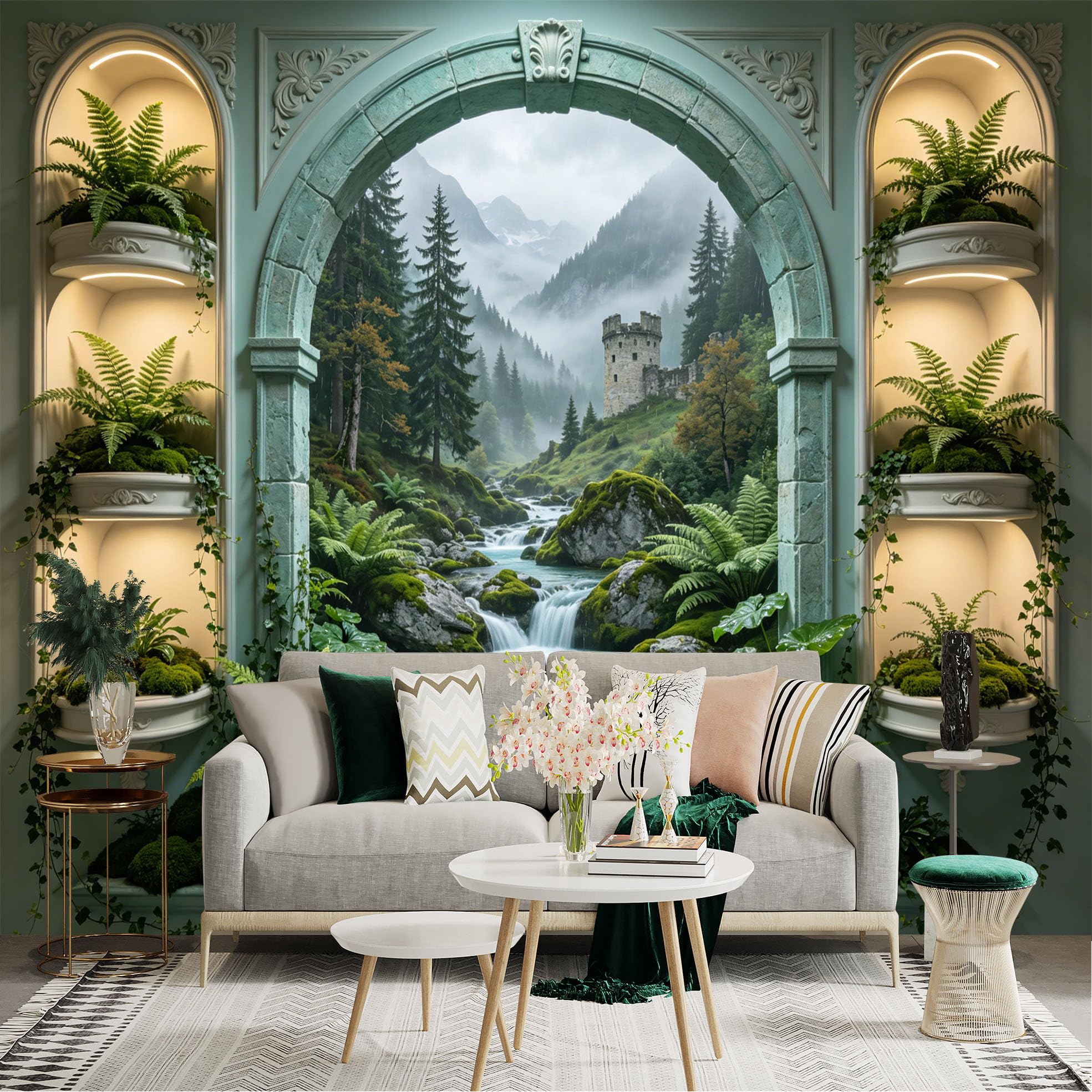 Custom Size Wall Sticker Mural， Misty Mountain Forest with Castle and Flowing River， for wall Decoration， peelandstick wall Decals.
