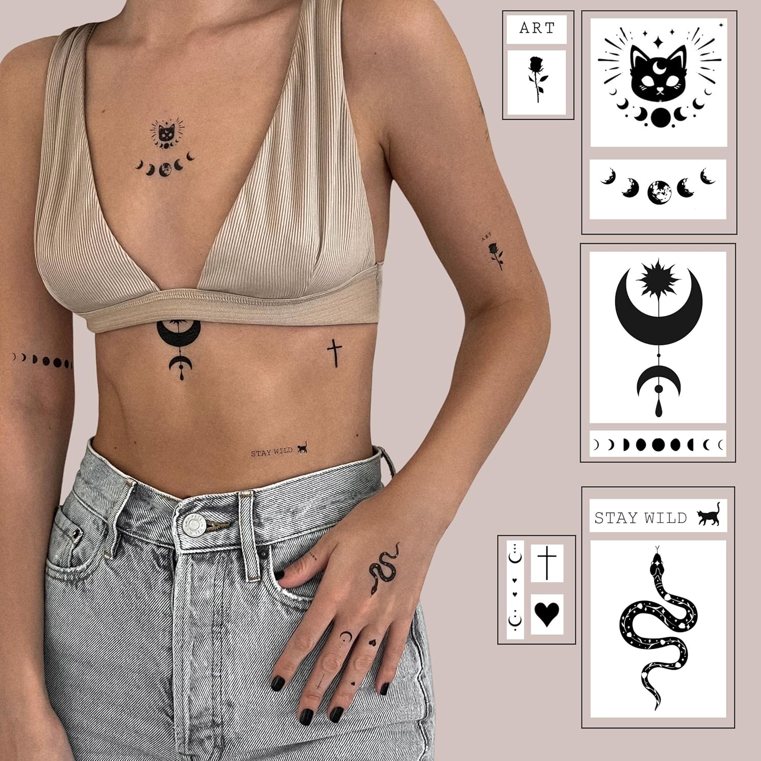 Realistic Temporary Tattoos - 200 Mix & Match Minimalistic set - Mystic Collection - Waterproof Long Lasting tattoos Adults Women Men, Fake tattoos, Face Body Hand Finger, Moon Stars Inspirational Words Flower Skull Snake : Beauty & Personal Care