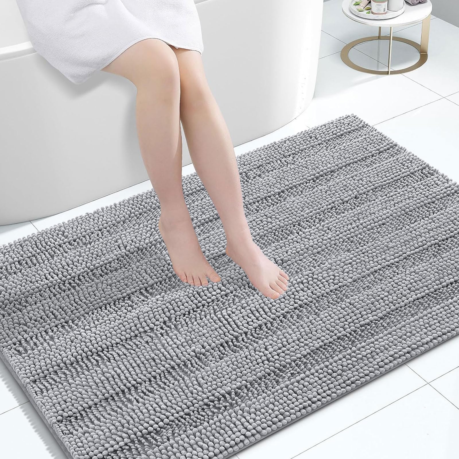Grandaily Chenille Bathroom Rugs 47x32, Soft Bath Mats, Light Grey