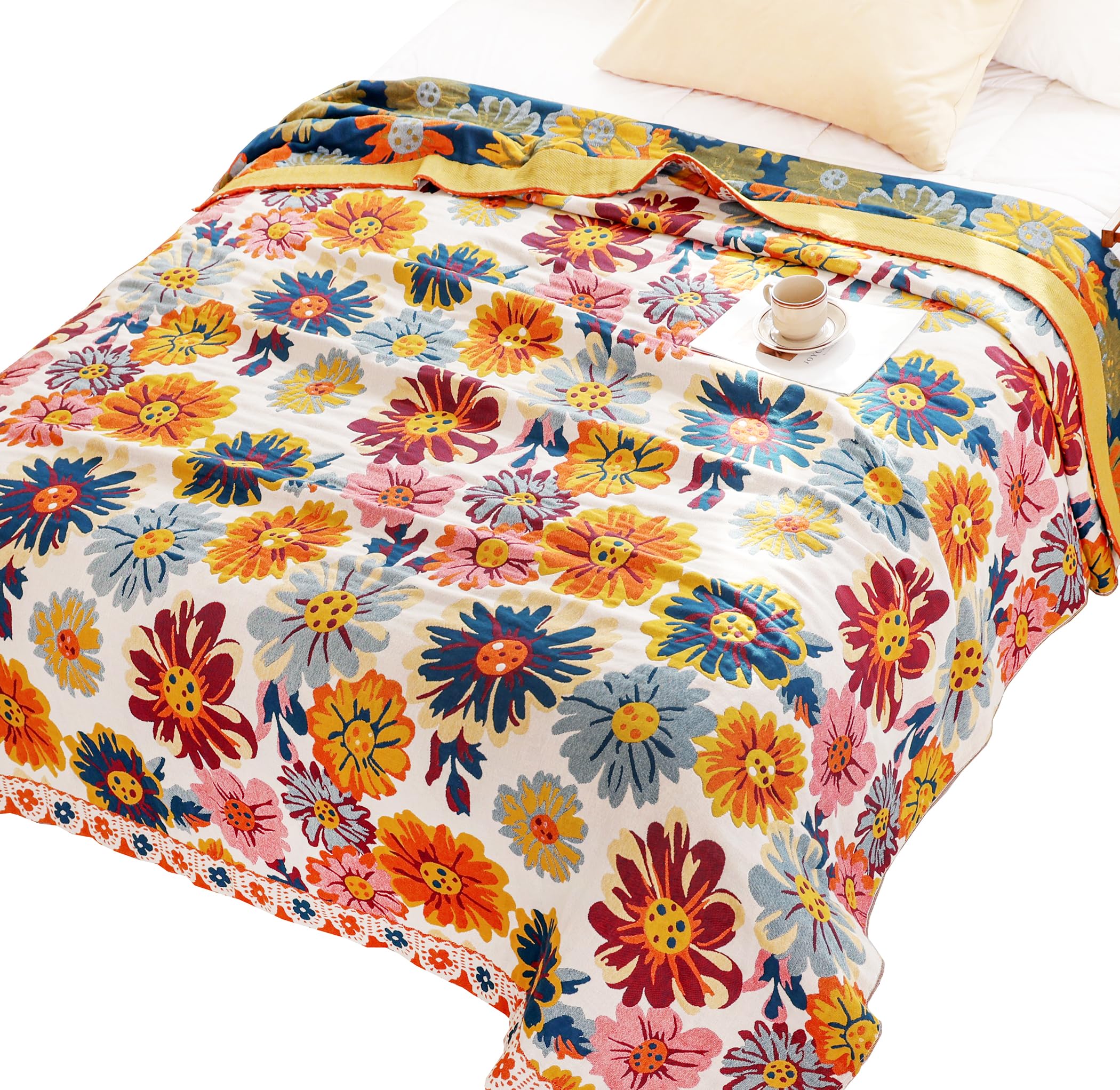 MEJU Daisy Flower Colorful All Season Boho Reversible Rustic Farmhouse Blanket for Bed Sofa Couch 100% Combed Cotton 4 Layer Soft Warm Quick Dry Throw