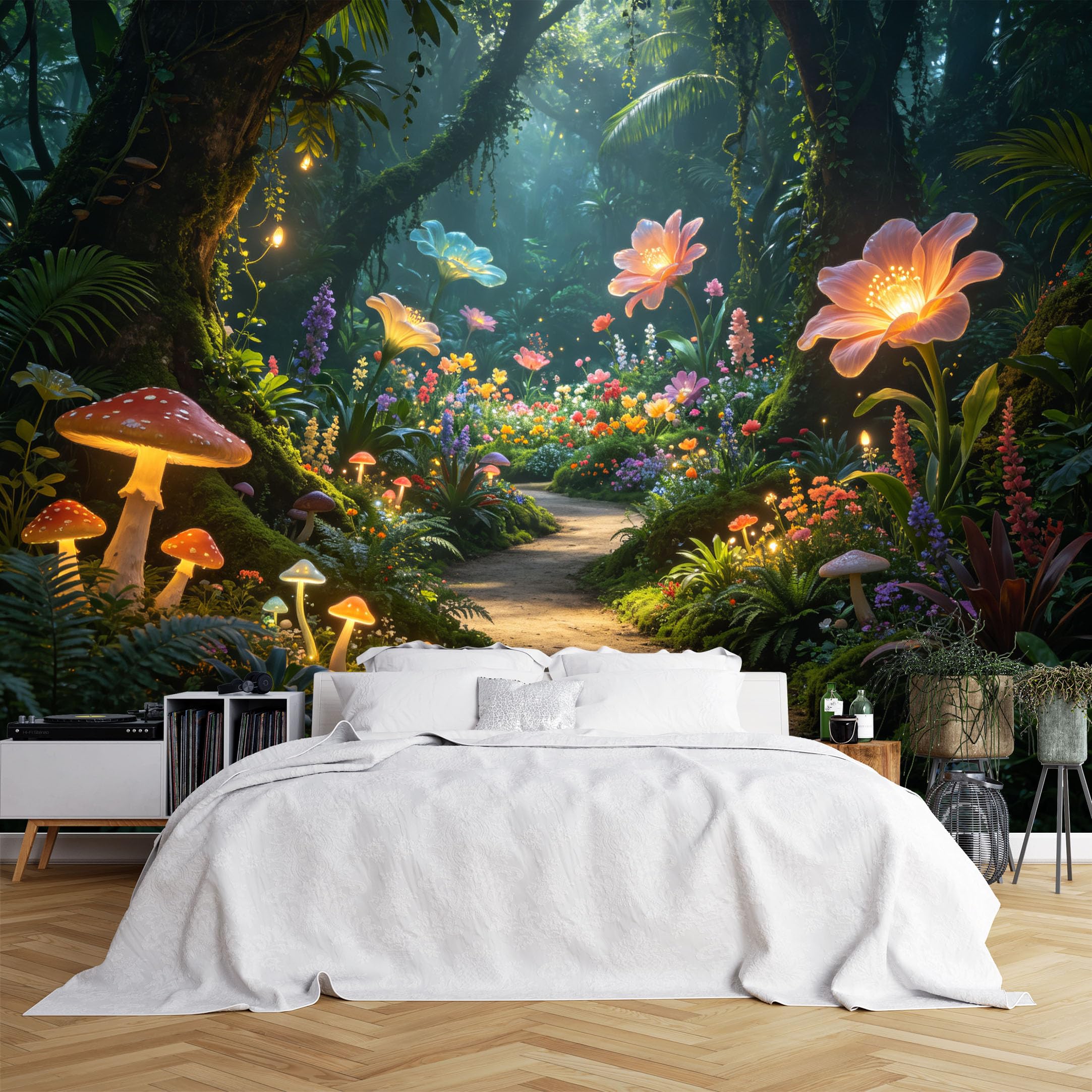 Lcythiazole Ch260615251 Custom Size Wall Murals Glowing Mushroom Flower Forest Path Vivid Wall Stickers Self-Adhesive Wall Fabric (No Pvc) Removable Wallpaper For Kids Bedroom Nursery