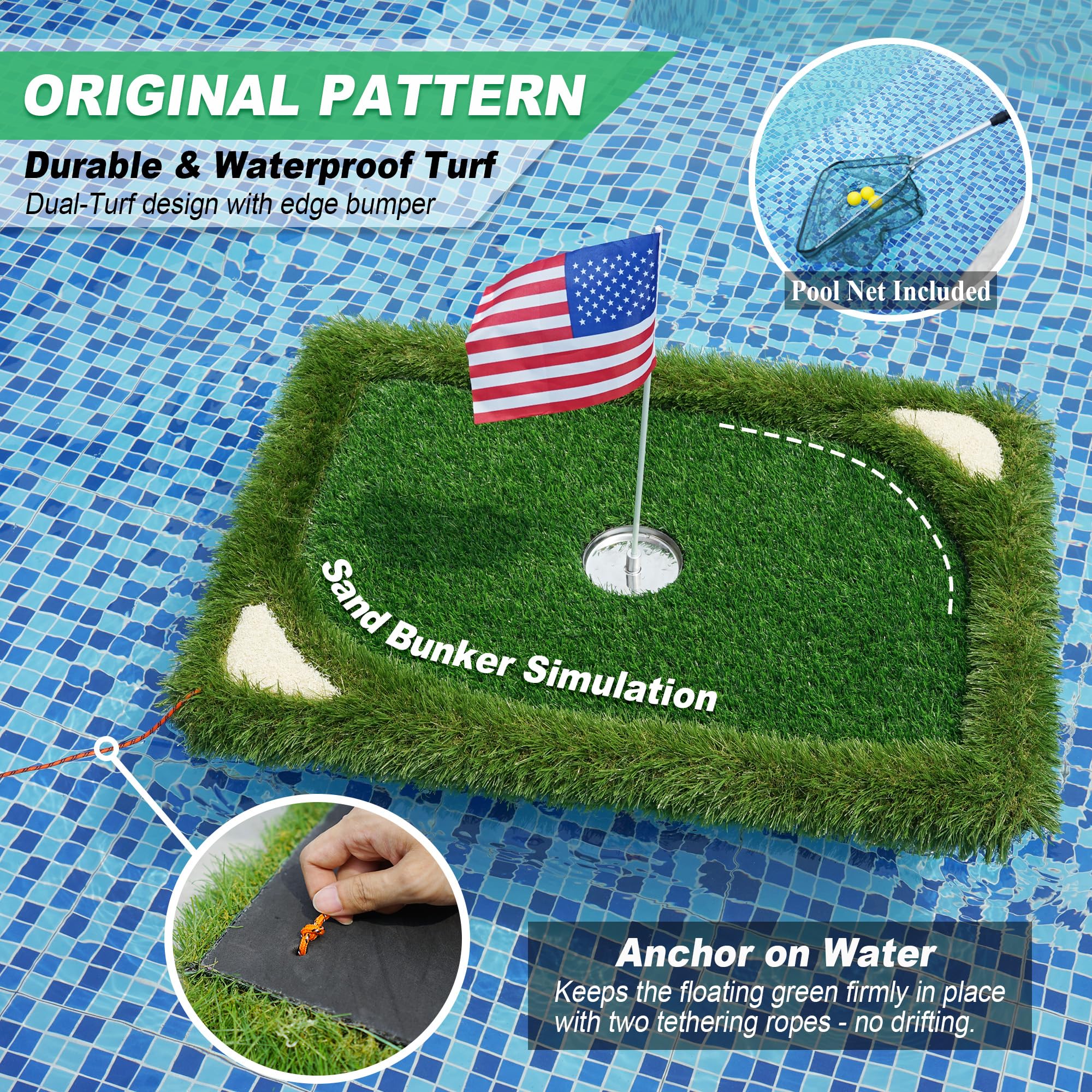 SENSECLUB Vert flottant pour piscine, jeu de golf flottant avec tapis de copeaux et 12 balles en mousse
