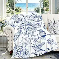 yuboo Blue Floral Throw Blanket, Blue and White Chinoiserie Flannel Blanket with Hummingbird and Flower Design, Soft 50 x 60 Inch Throw for Couch, Bed, Living Room, Bedroom Decor
