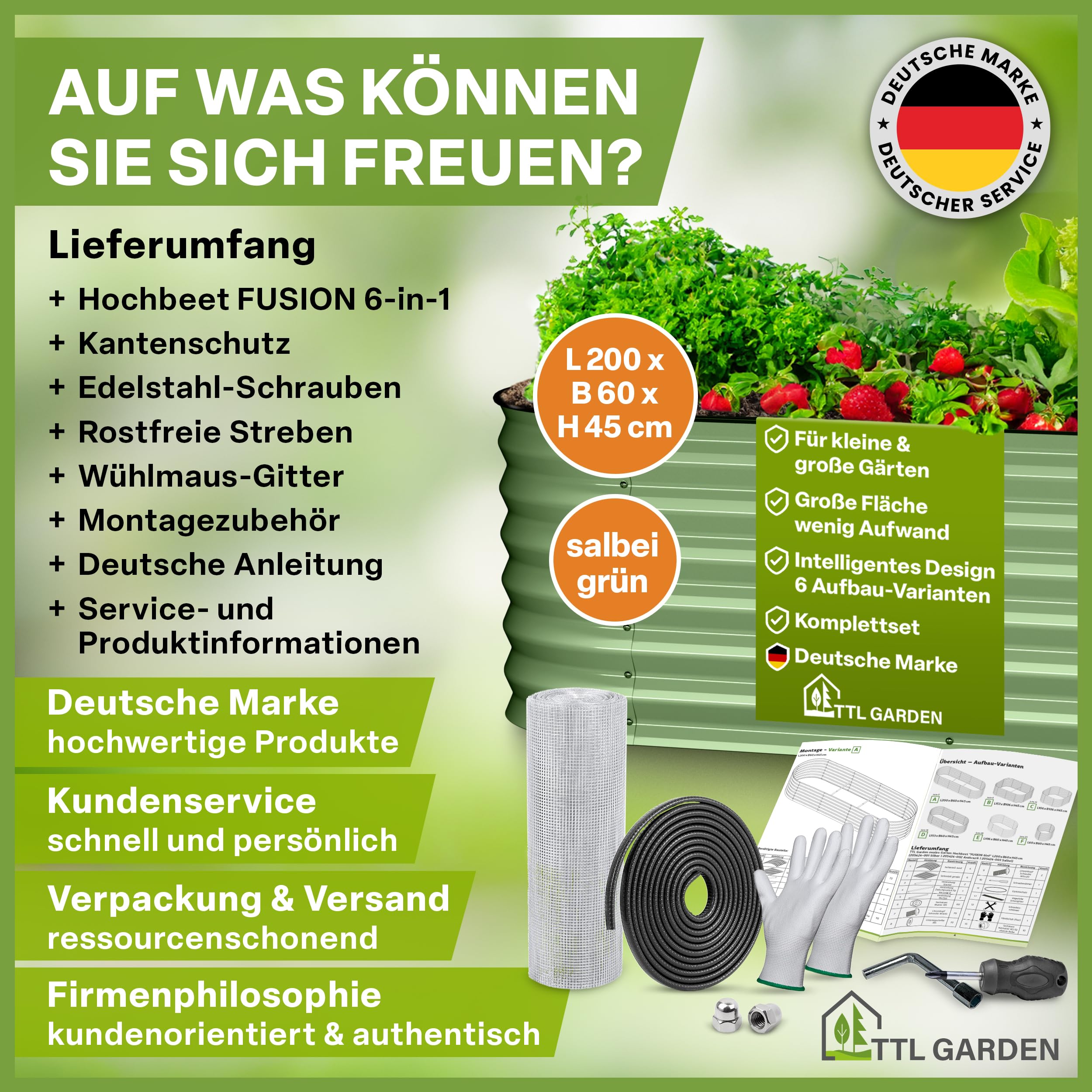 TTL GARDEN 200x60x45cm Metall Hochbeet Fusion 6-in-1 Salbei Grün - Stahl | - Rostfrei verzinkt & lackiert 45cm hoch 60cm breit Wellblech Form oval stabil Garten Beet Gemüse Kräuter Blumen Gartenbeet