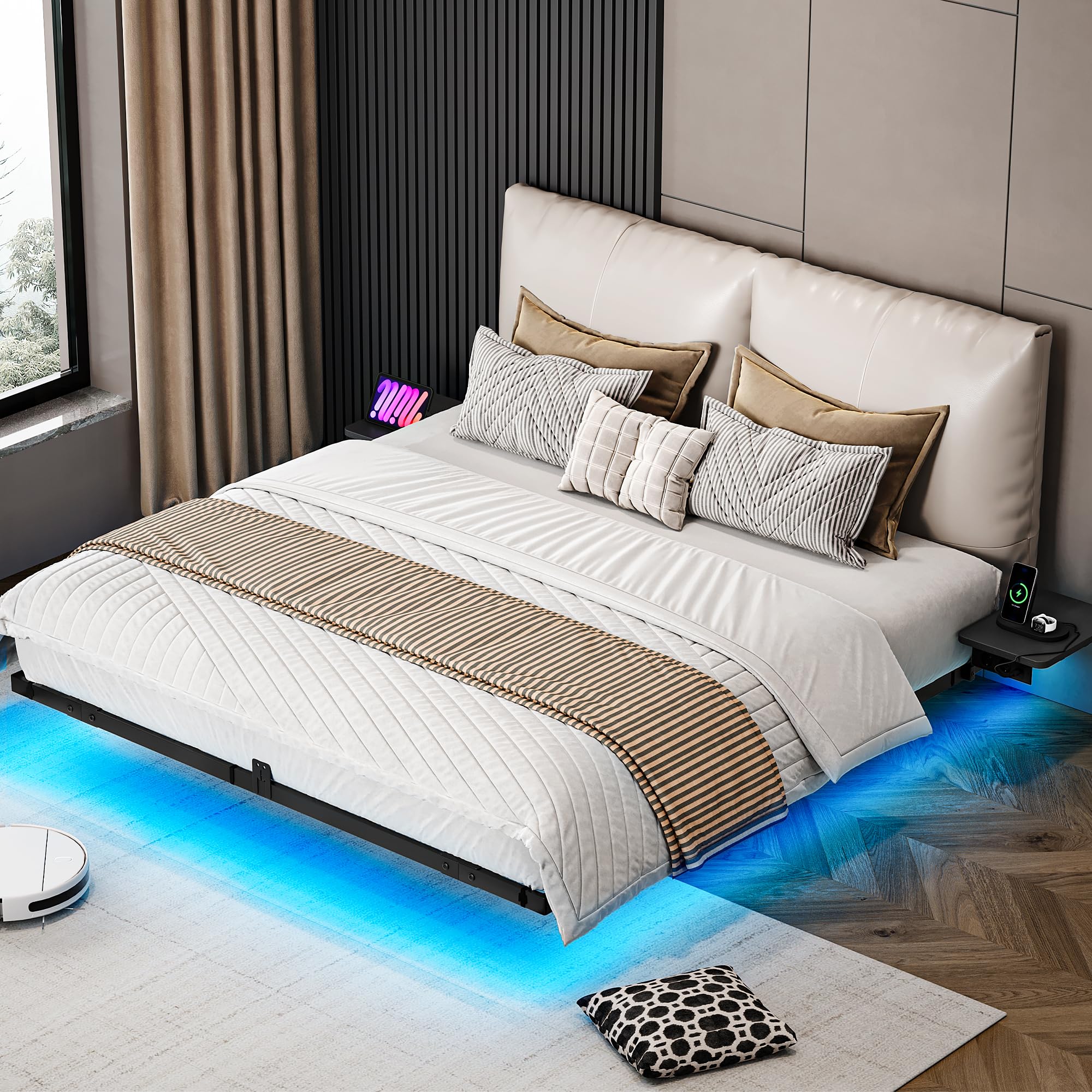 YITAHOME Estructura de Cama con iluminación LED, estación de Carga USB, Interfaz Tipo C, diseño Flotante, Marco de Metal, Funda de Tela sin colchón, 140 x 200 cm