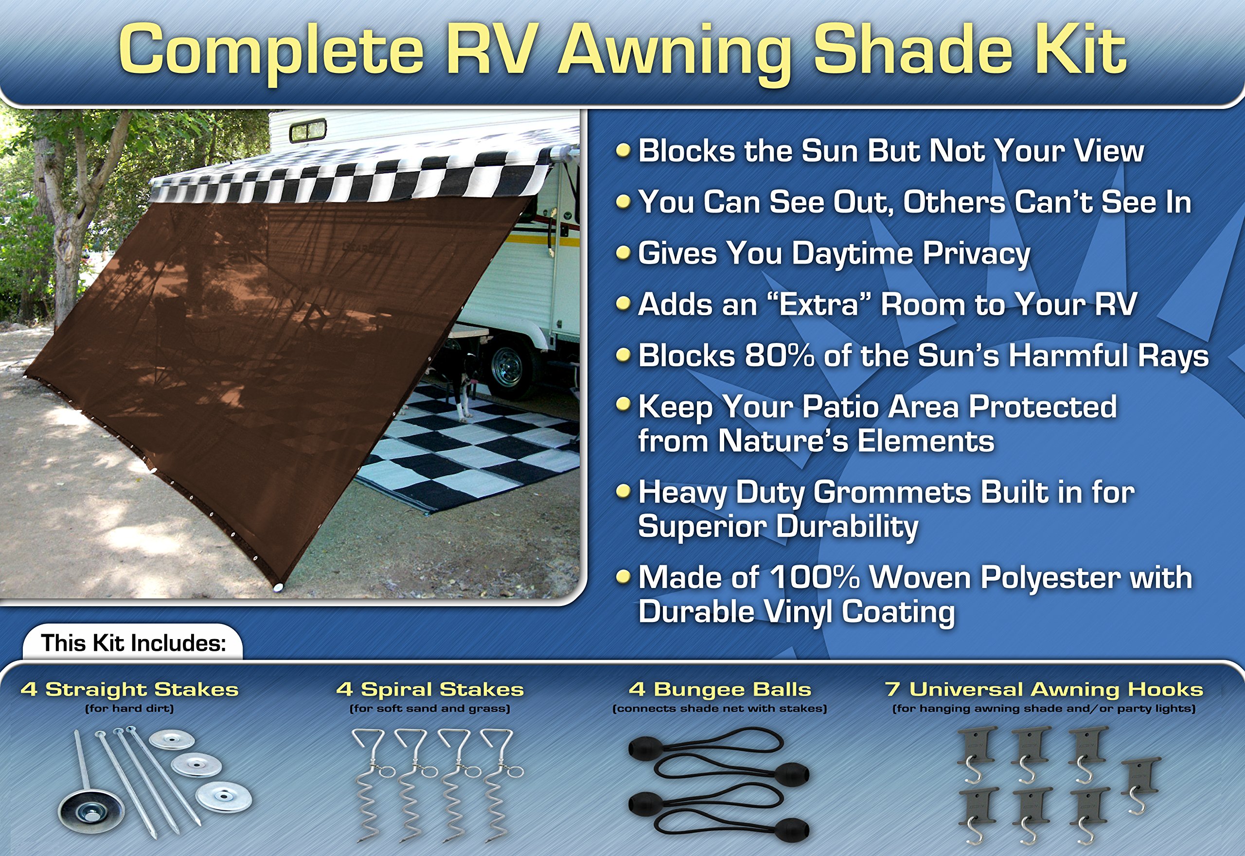 EZ Travel Collection RV Awning Shade Motorhome Awning Screen Kit 8x20 (Brown)