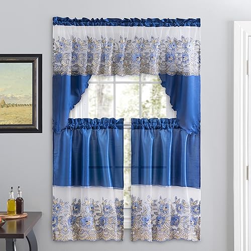 Miniatura 1 de American Linen Juego de cortinas bordadas de 3 piezas para ventana, cenefa y niveles, con bordado para cocina, sala de estar o baño, cenefas (azul)
