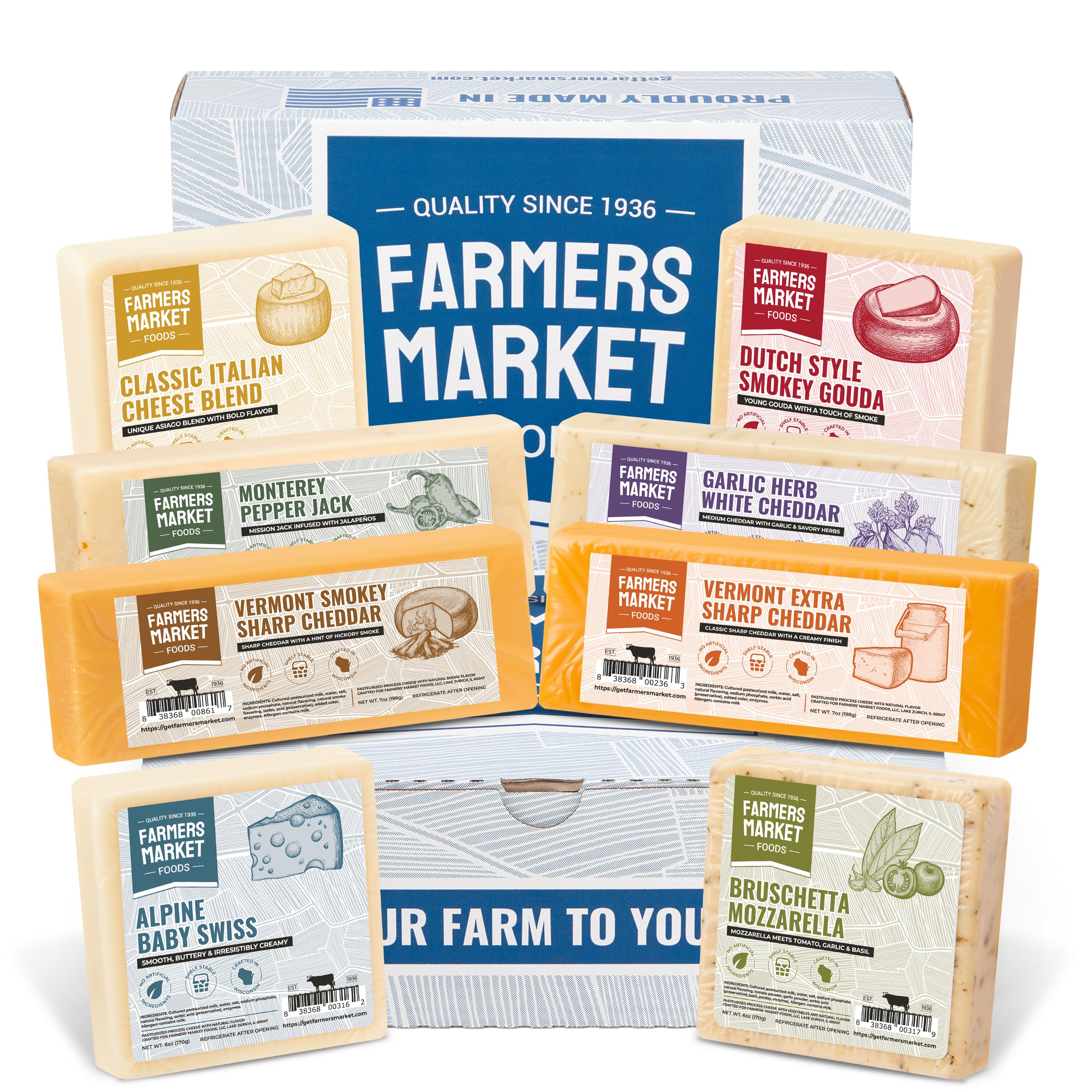 Farmers Market, Gluten Free, Keto, Paleo, Low Sodium, Zero Sugar, Wisconsin Cheese Gift Sets, 8 Count