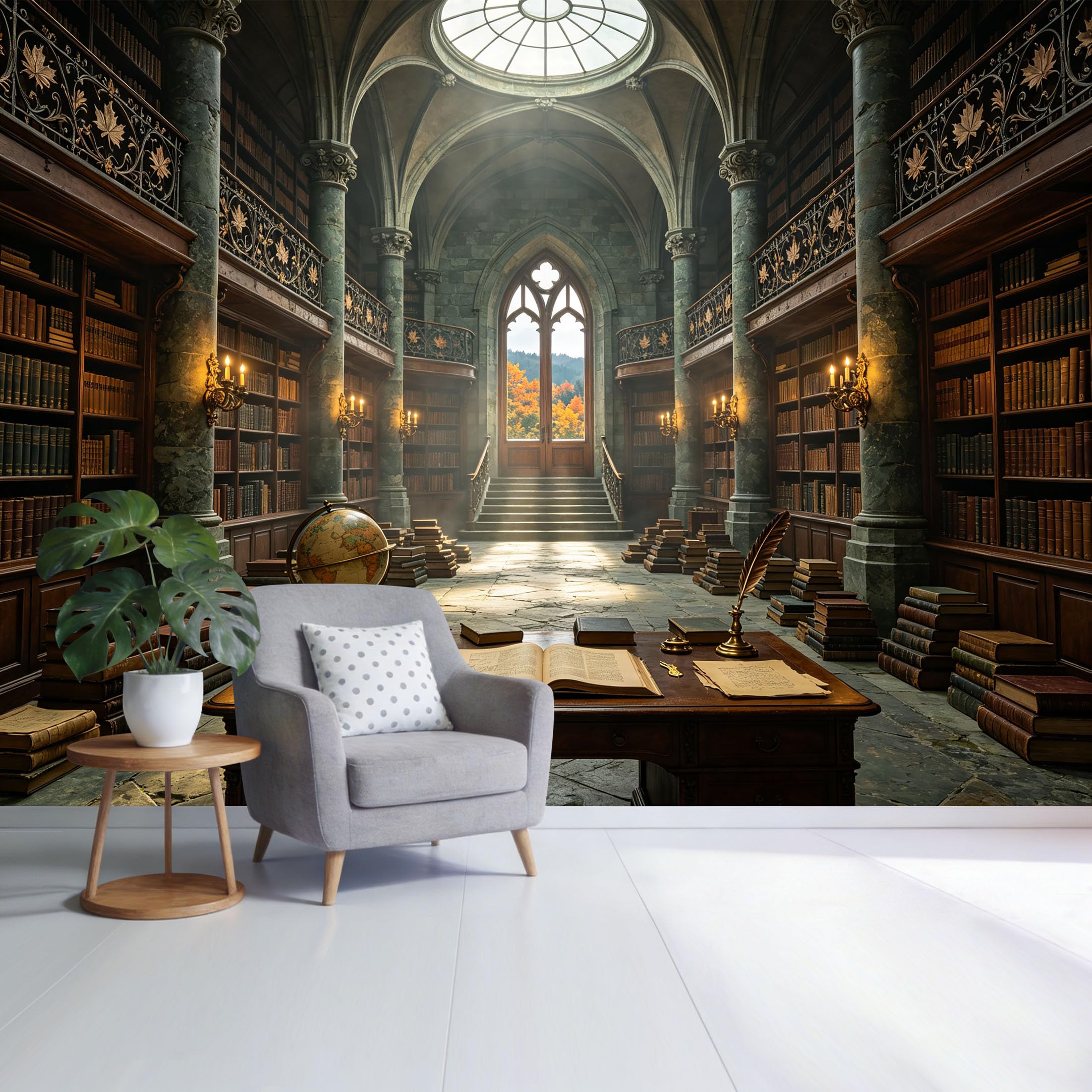 Custom Size Wall Mural Antique Gothic Library Interior Vintage Style Bookshelves 3D Trompe L'Oeil Removable Self Adhesive Fabric Home Wall Decor for Living Room Bedroom Bathroom