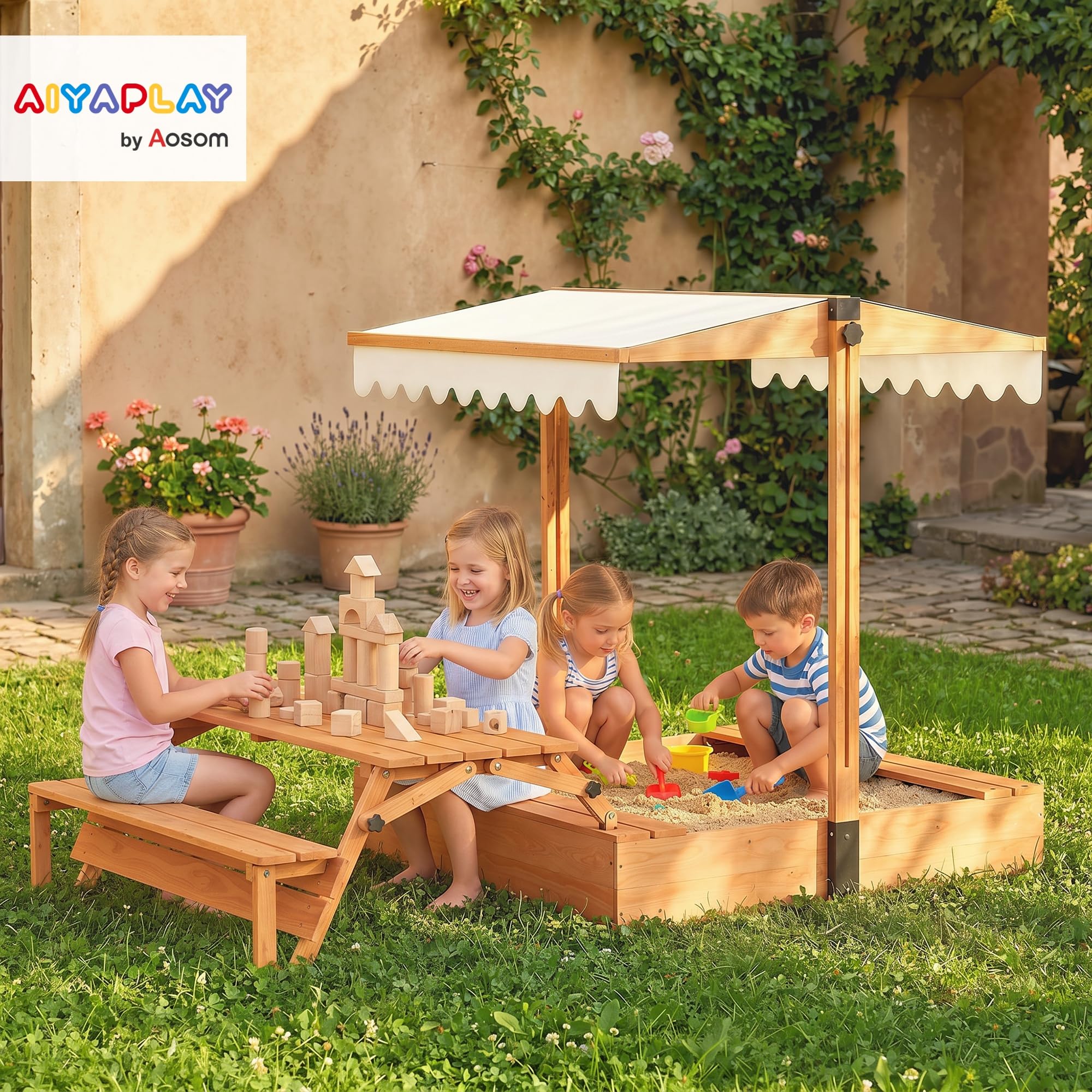 AIYAPLAY Arenero para Niños de Madera con Toldo Ajustable, Mesa Plegable de Picnic con Banco, Cubierta, 184x110x120 cm, Marrón