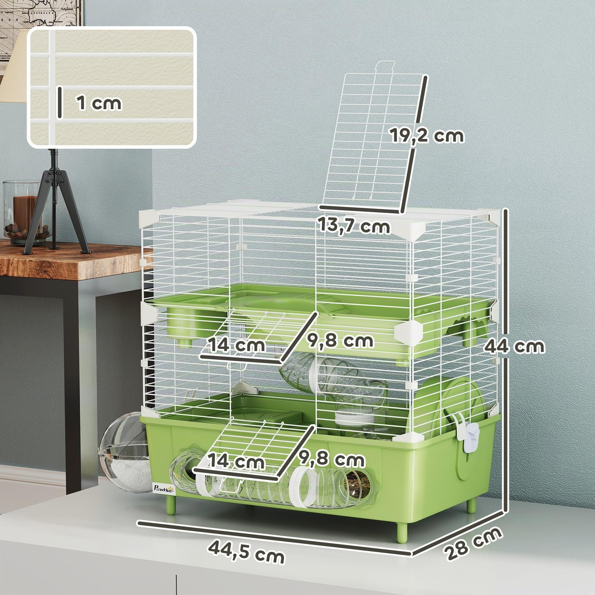 PawHut - Jaula para hámster de 2 niveles, para pequeños roedores con rueda de carrera, baño de arena, sistema de tuberías, para hámster enano, 44,5 x 28 x 44 cm, verde