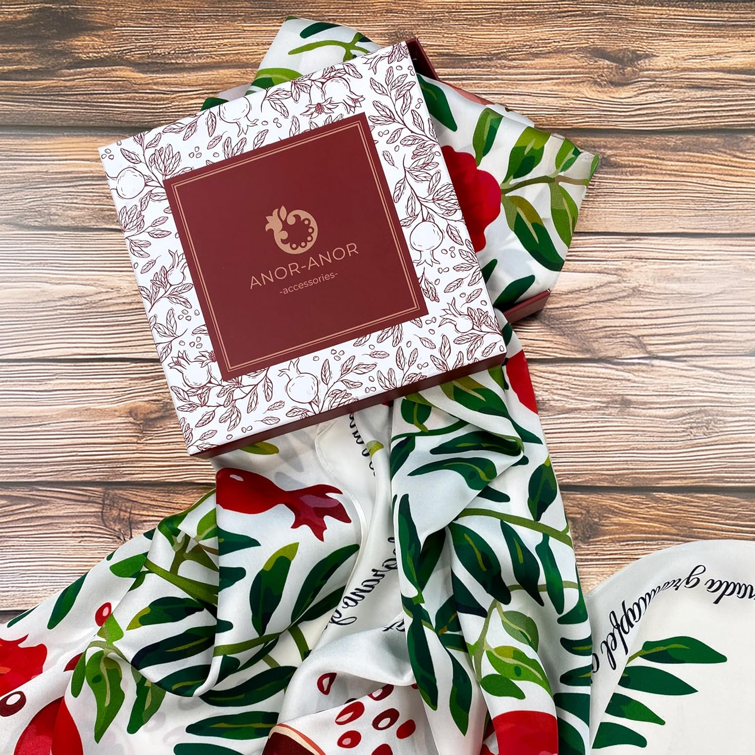 100% Silk Scarf with Pomegranate and Floral Garden Print Lightweight Summer Shawl Wrap for Women