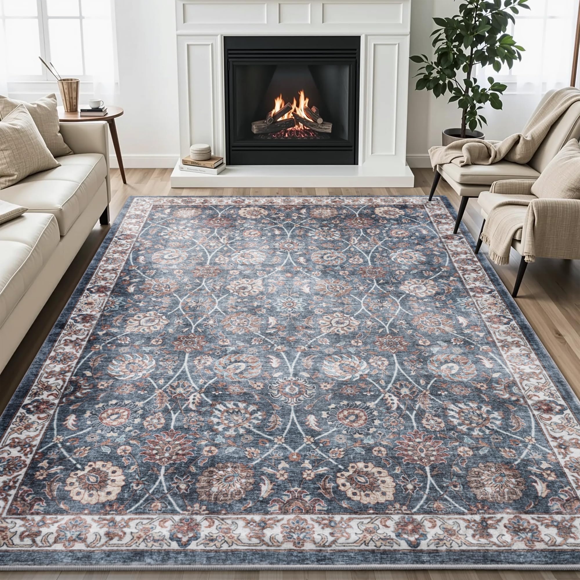 Tapis de salon lavable Carvapet bleu foncé pour créer un coin cosy