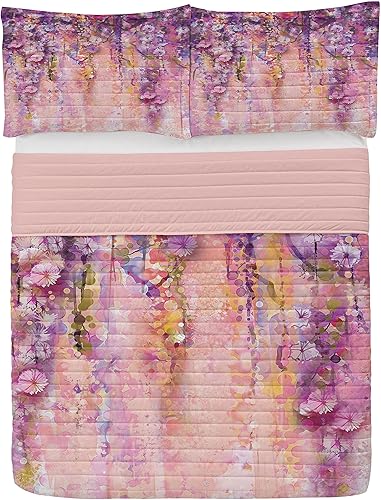 Lunarable Juego de colcha de microfibra con flores de acuarela, árbol de glicina en flor completa con fondo romántico de primavera sobre bokeh,