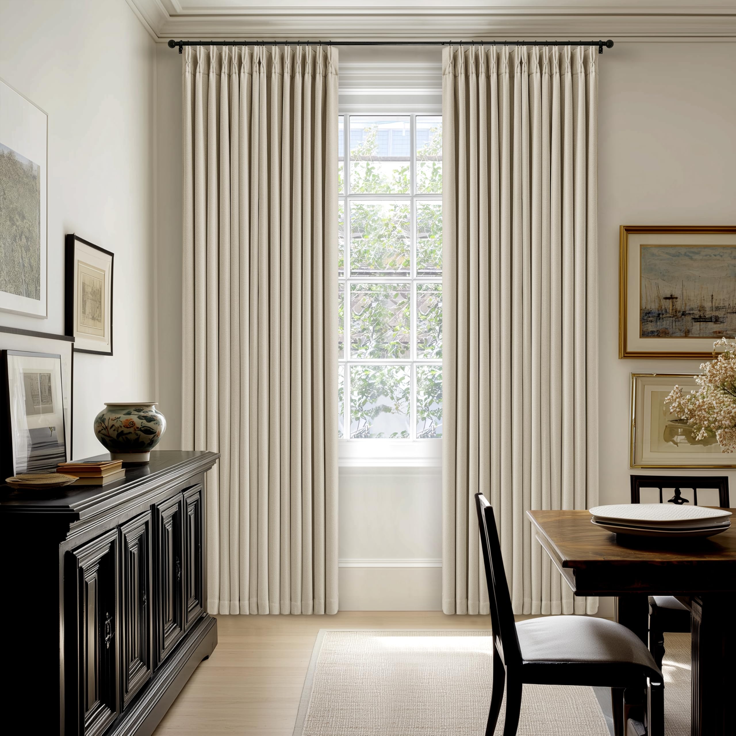 Oatmeal Pinch Pleated 100% Blackout Linen Curtains 100 Inch Length 2 Panels Pinch Pleat Curtains Black Out Light Blocking Room Darkening Drapes with Liner for Bedroom Living Room Window Cream Beige โ image 1