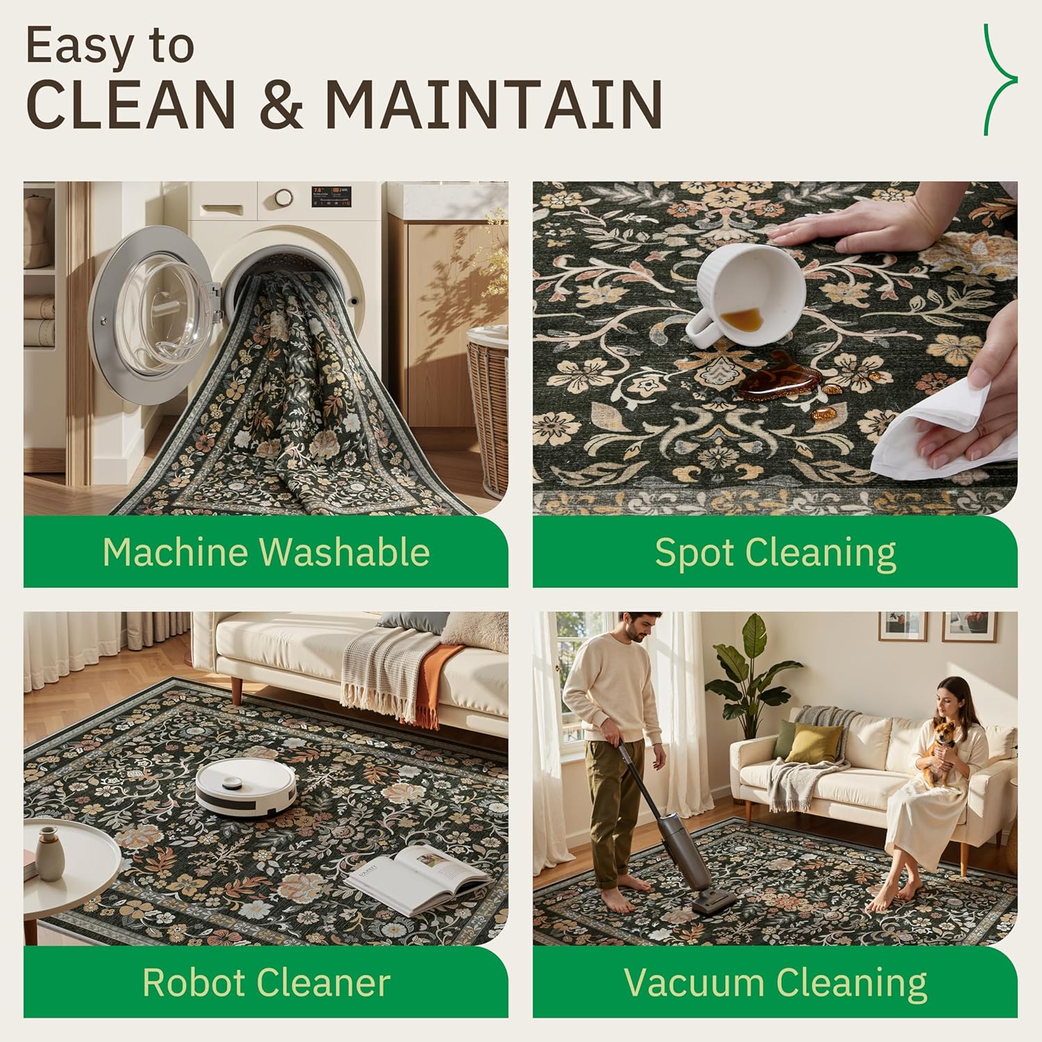 2x10 Runner Rug Non Slip Washable Hallway Runner Cloud Like Soft Morris Floral Rug for Hallway Entryway Bedroom Waterproof Runners for Kitchen Living Room Bathroom Black