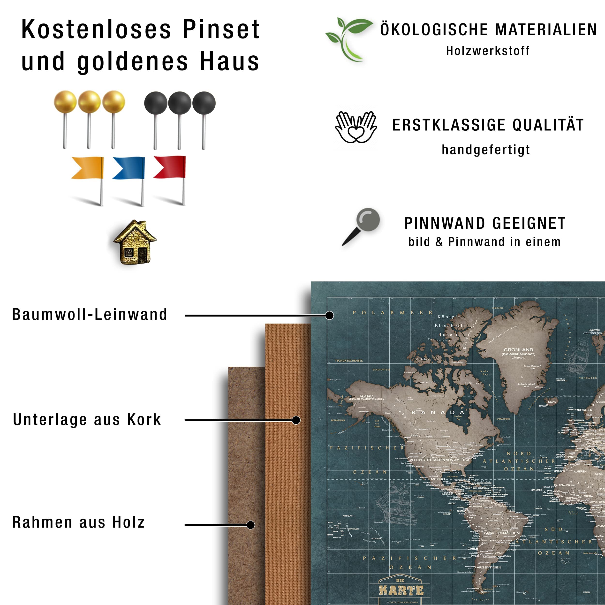 Canvas mapa świata z korkiem do przypinania celów podróży - dekoracja ścienna do każdego pomieszczenia - wysokiej jakości obrazy canvas z mapą świata w różnych rozmiarach (90x60 cm, wzór 9)