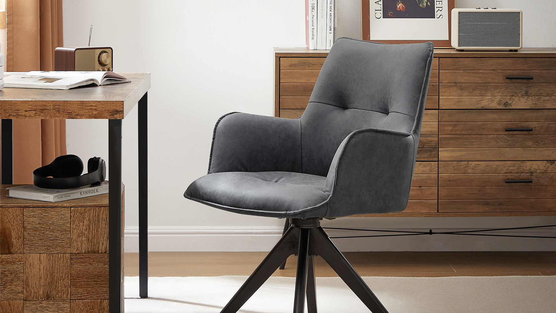 Sillón giratorio tapizado azul moderno sin ruedas miniatura 7
